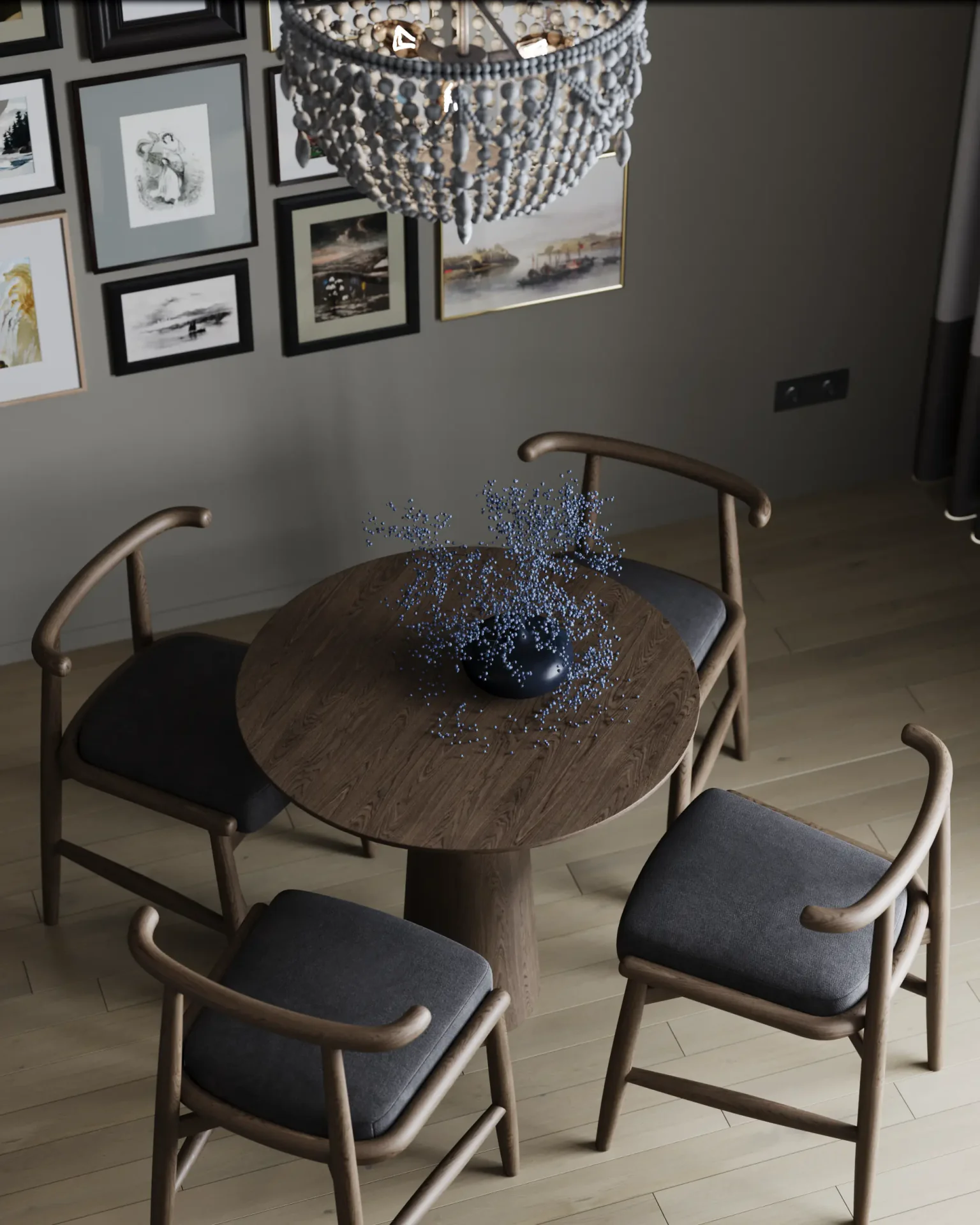 Top-down view of a dining table with decorative centerpieces.