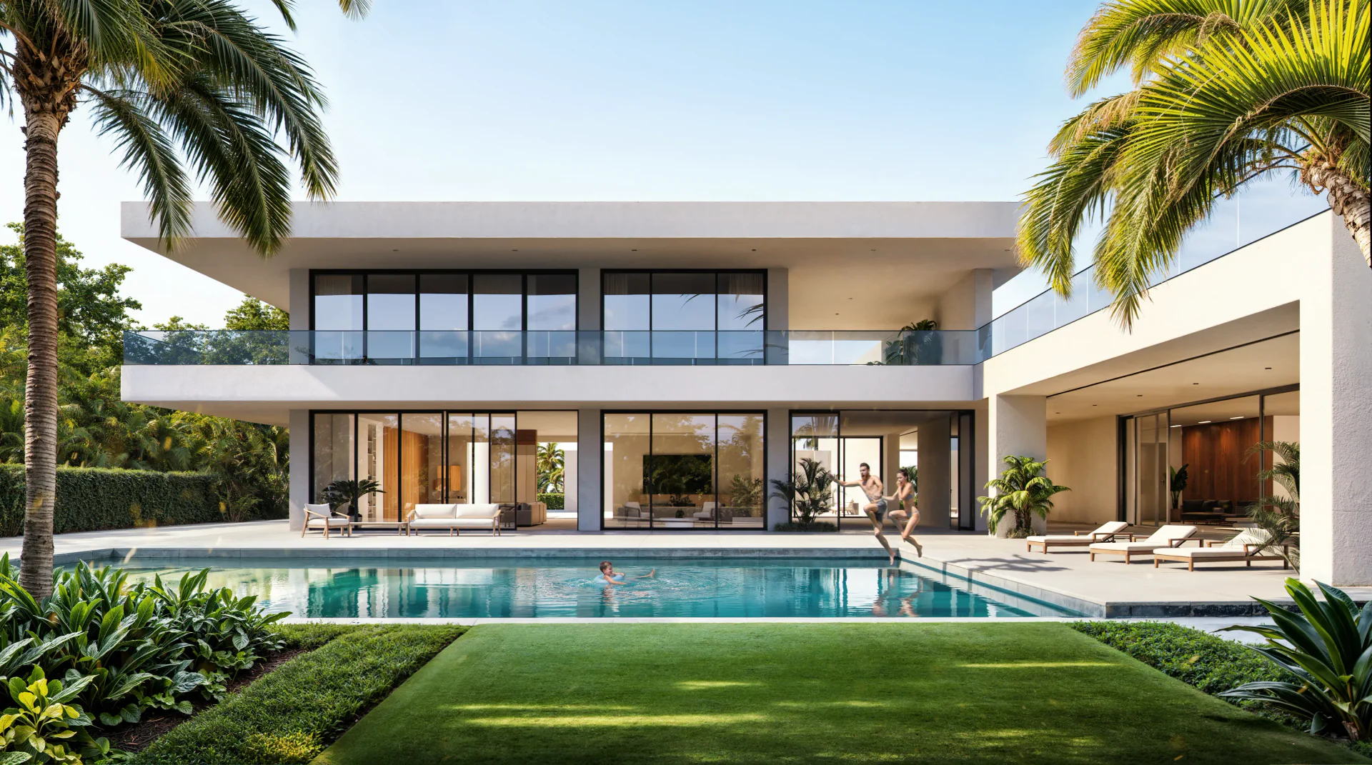 Journée ensoleillée au bord d'une piscine de villa entourée de palmiers avec des gens nageant.