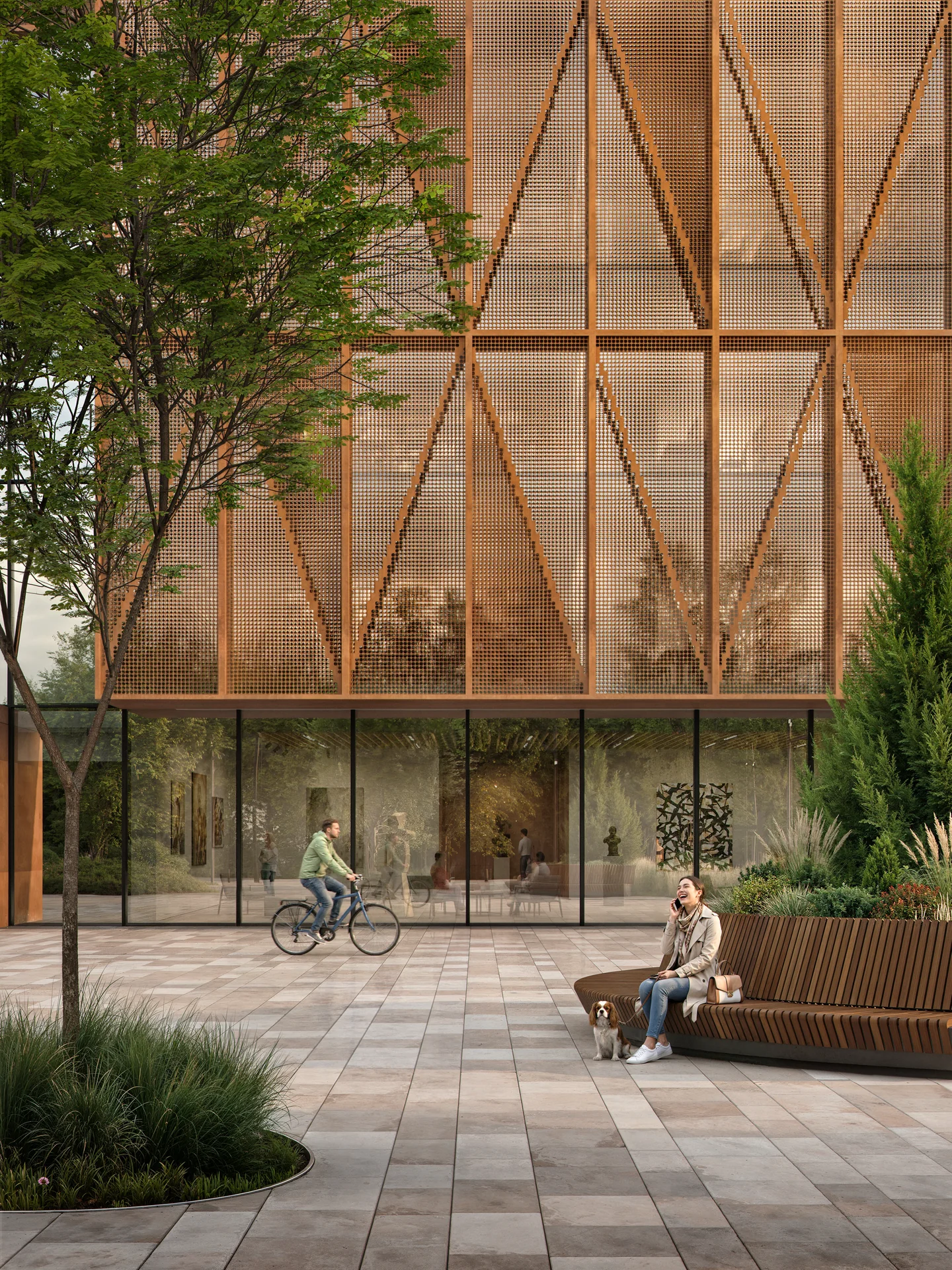 Architectural rendering of a modern building featuring a warm-toned, perforated metal facade with a geometric zigzag pattern above a glass-walled ground floor. A paved plaza in front features landscaping, a person riding a bicycle, and a woman sitting on a curved wooden bench with a small dog. The text "FOR ARCHITECTS" is displayed in the bottom left corner.