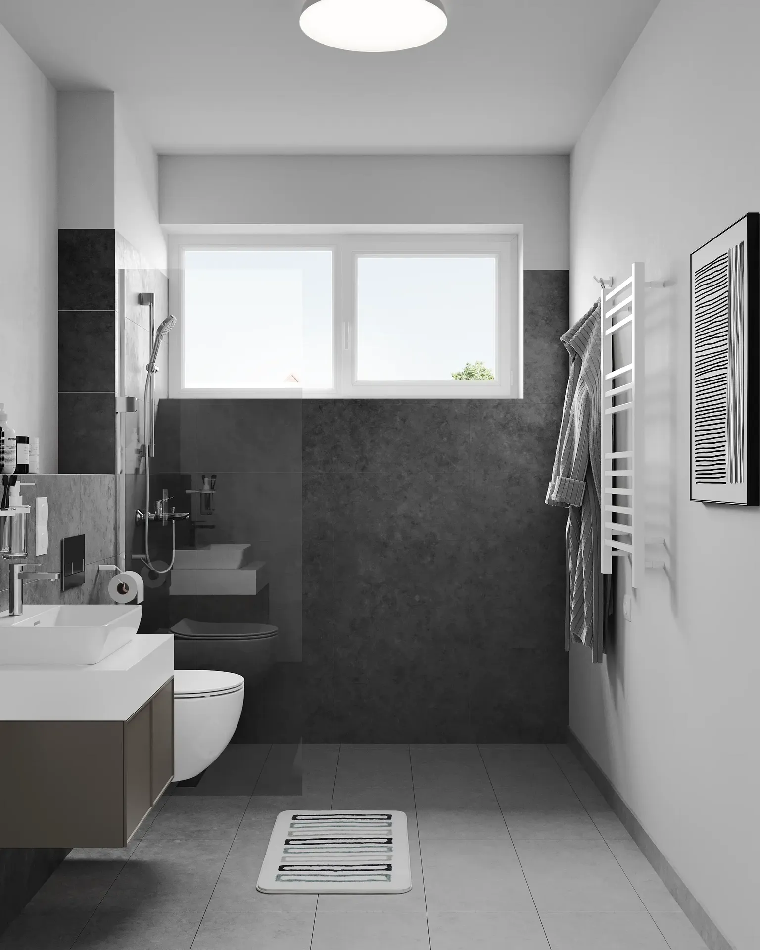 Moderner Badezimmer-Waschtisch mit rundem Spiegel und warmer Beleuchtung.