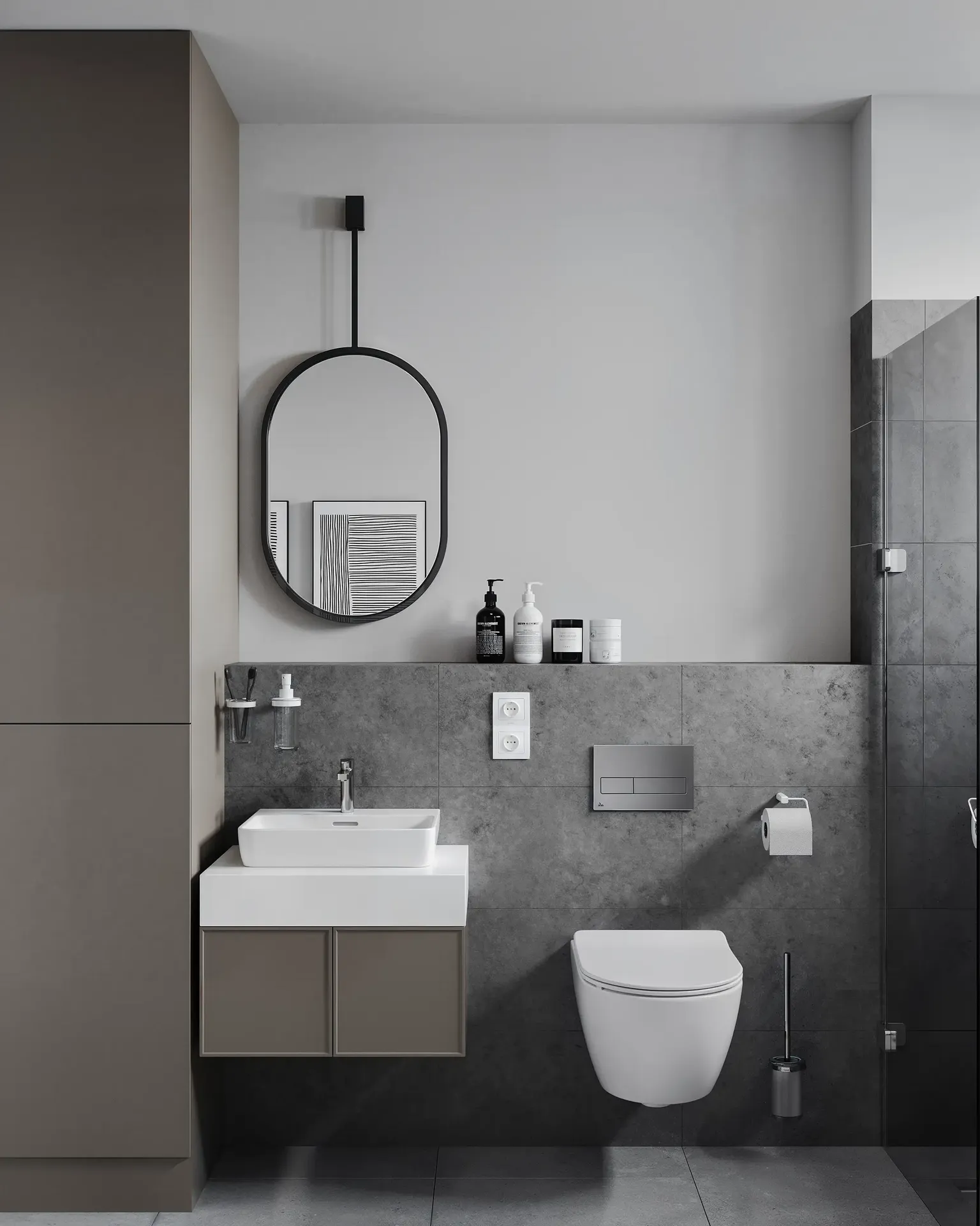 Moderne, minimalistische Badezimmereinrichtung mit beigen Steinfliesen und Glasdusche.