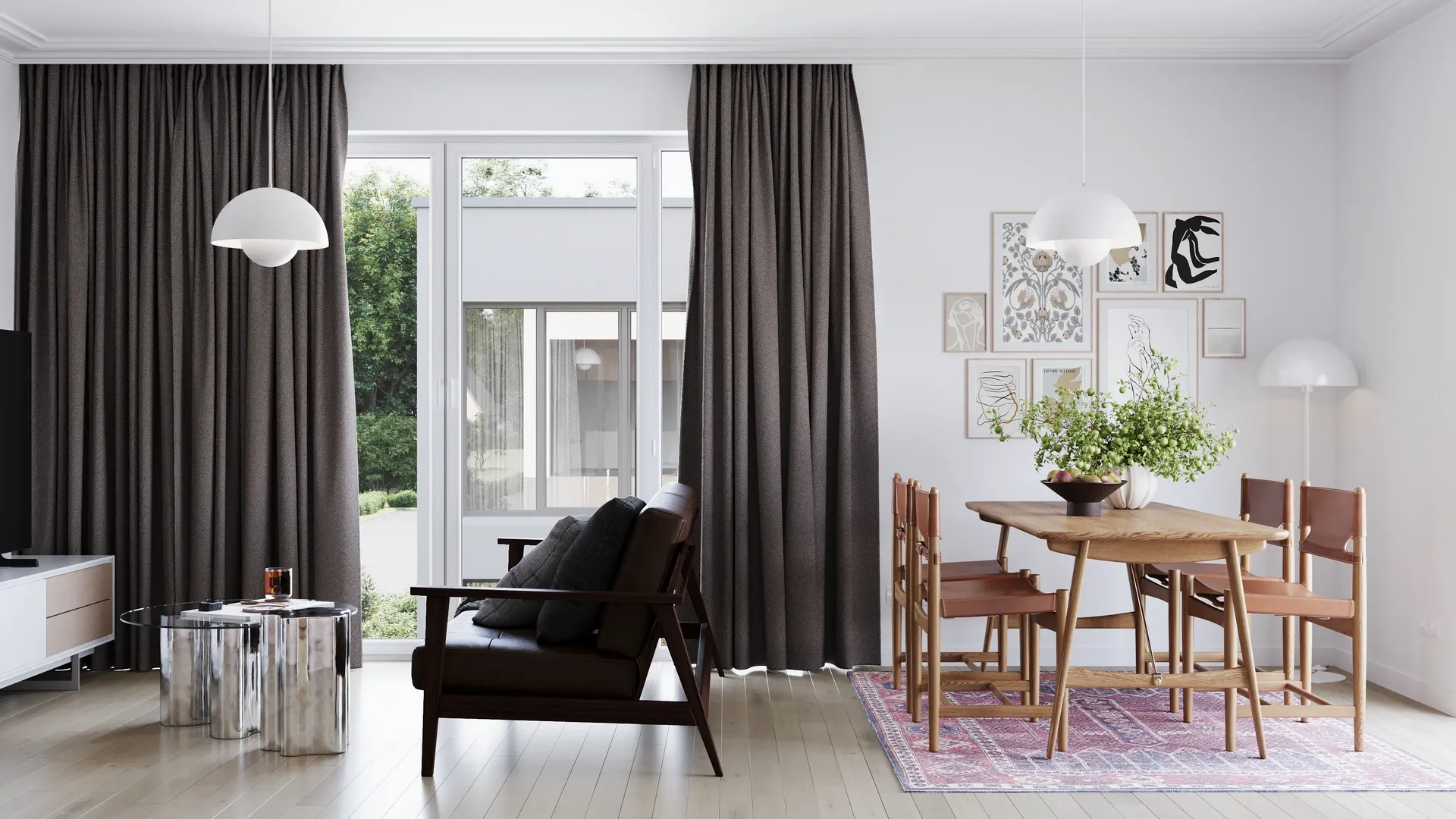 Gesamtansicht eines Wohnzimmers mit Esstisch, Sofa und TV-Zone.