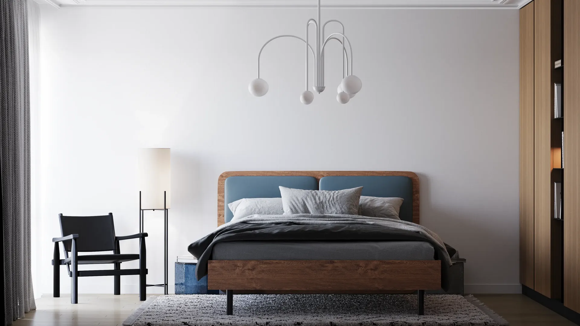 Vorderansicht eines Bettes, eines Kleiderschranks, eines Sessels und einer Stehlampe.