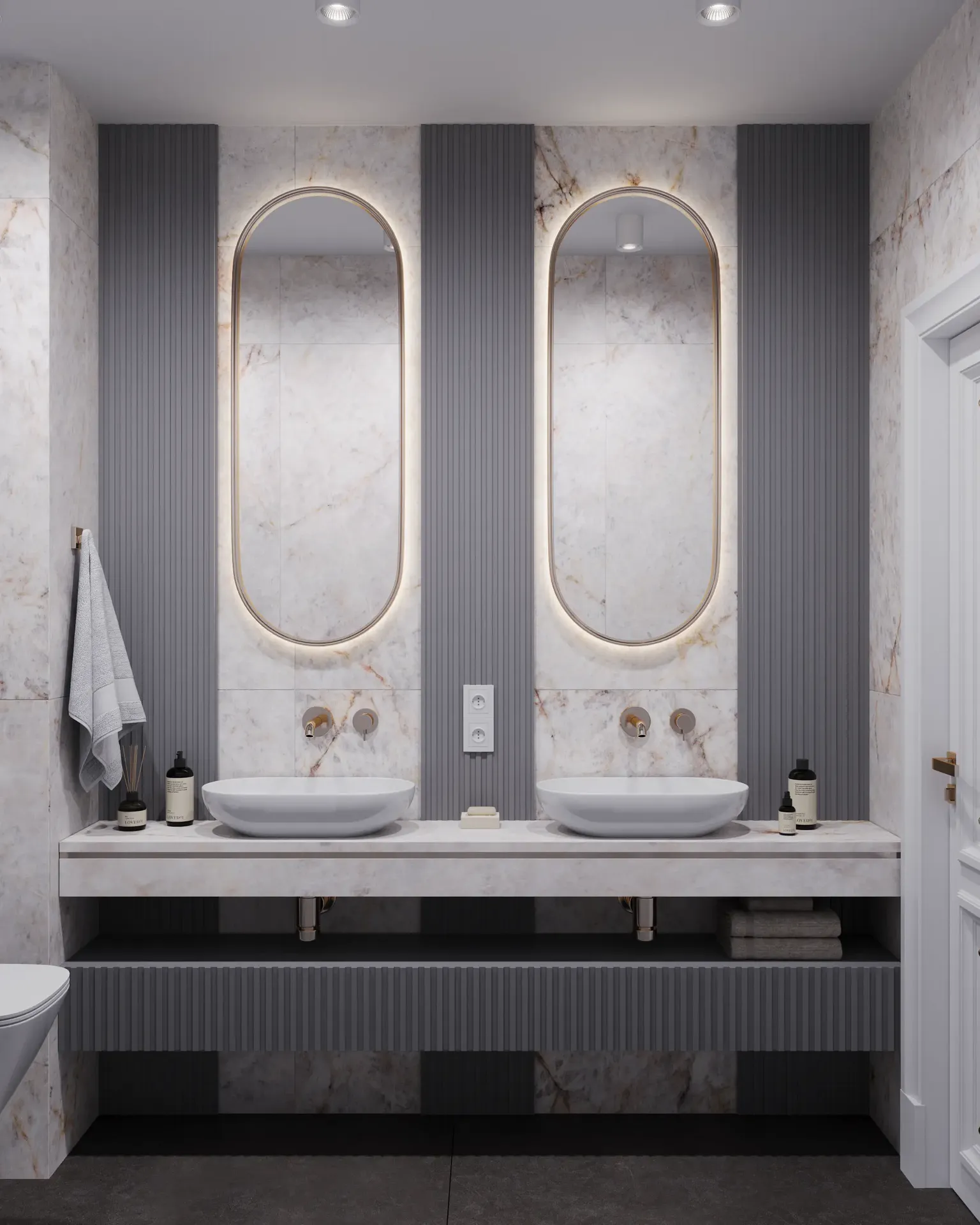 Meuble double vasque avec miroirs dans la salle de bain du rez-de-chaussée