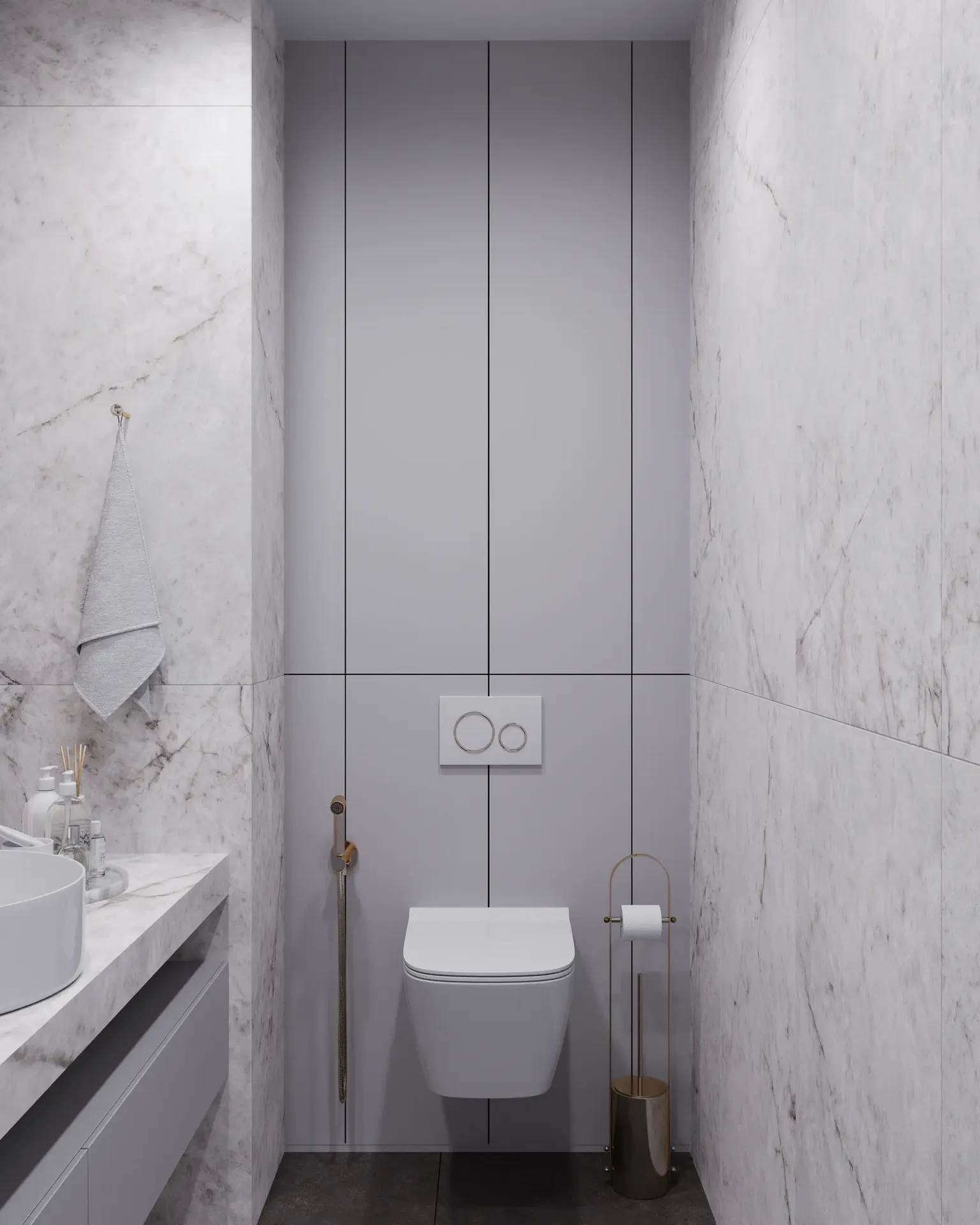 Toilettes suspendues minimalistes dans la salle de bain secondaire du rez-de-chaussée