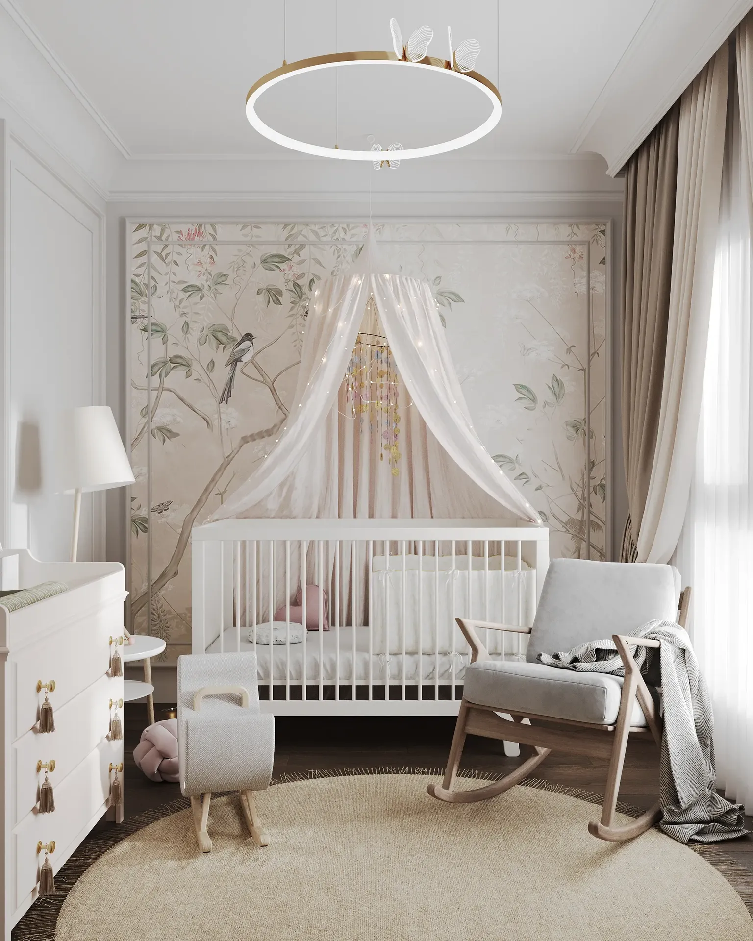 Intérieur de chambre d'enfant avec berceau, commode et chaise d'allaitement