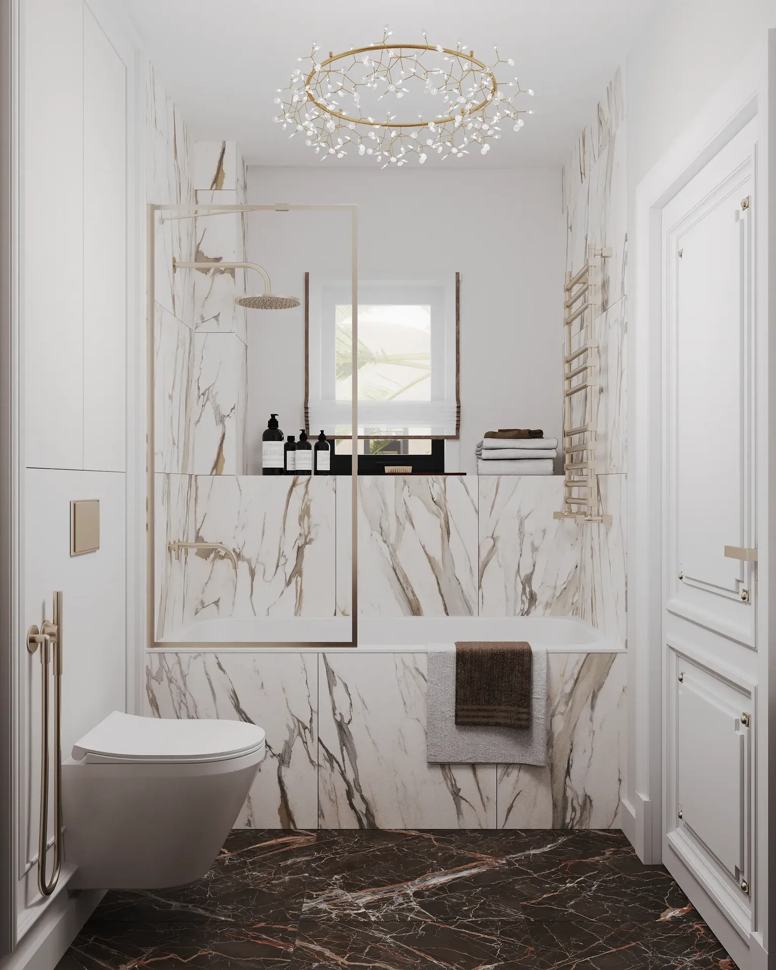 Salle de bain lumineuse avec baignoire et toilettes côté fenêtre