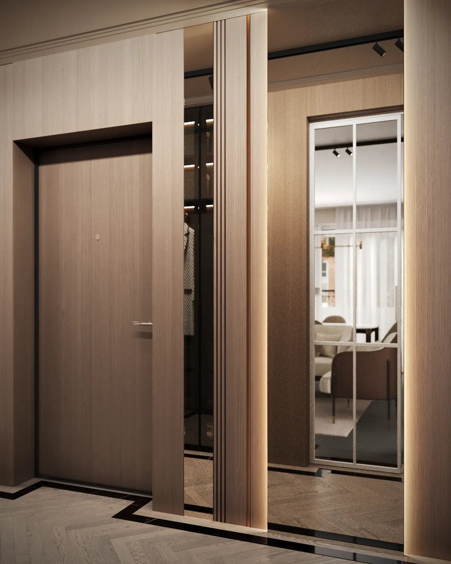 Eckansicht des Wohnungseingangs mit Bank, Spiegel und minimalistischem Dekor.