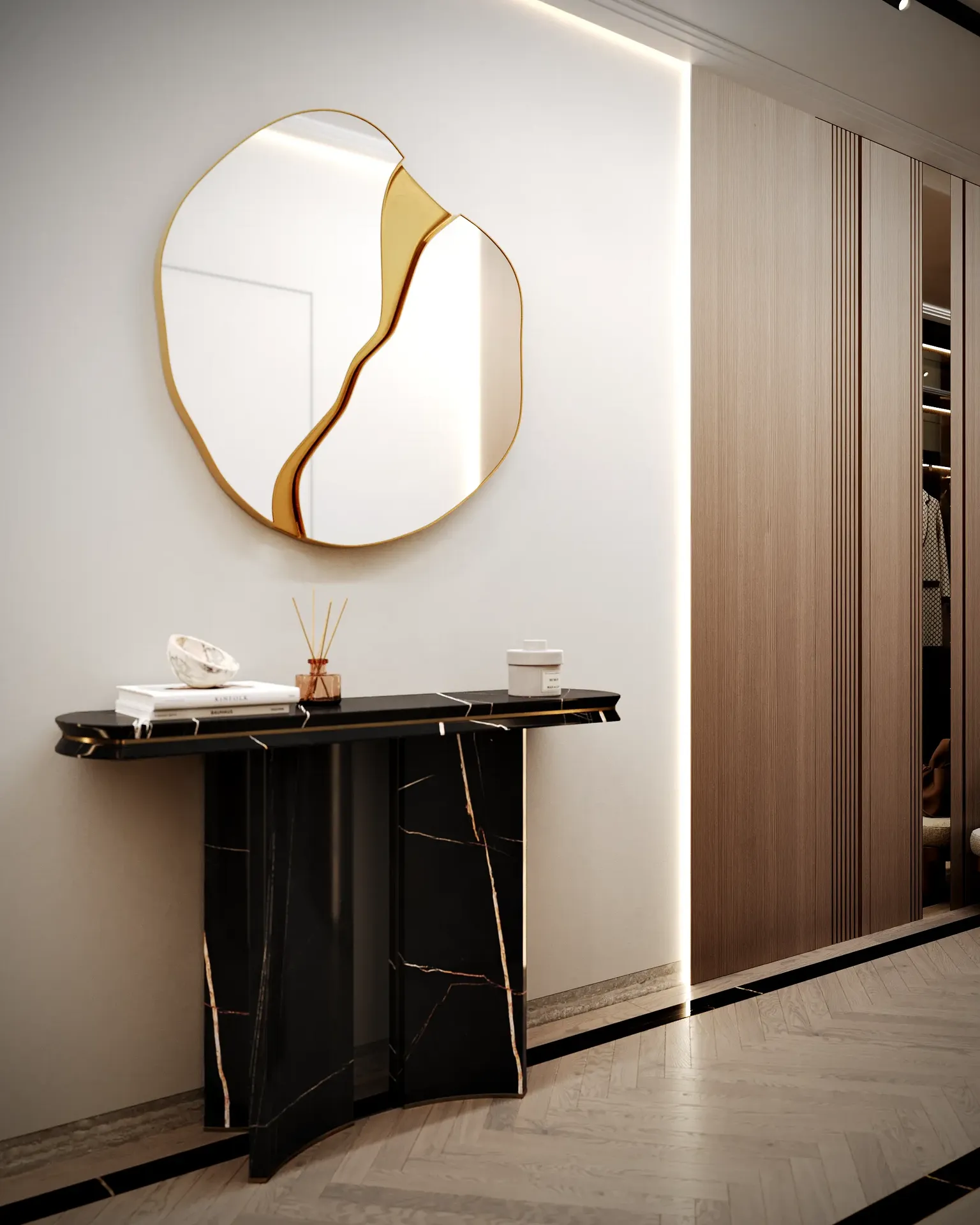 Moderne Flurvignette mit einem eleganten, minimalistischen Konsolentisch und einem großen runden Spiegel.