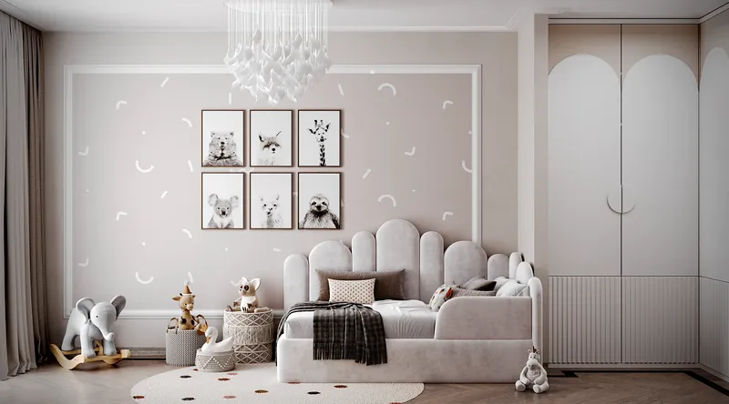 Vue large d'une chambre d'enfant, montrant l'aire de jeux, le lit à ossature de maison et les armoires de rangement.