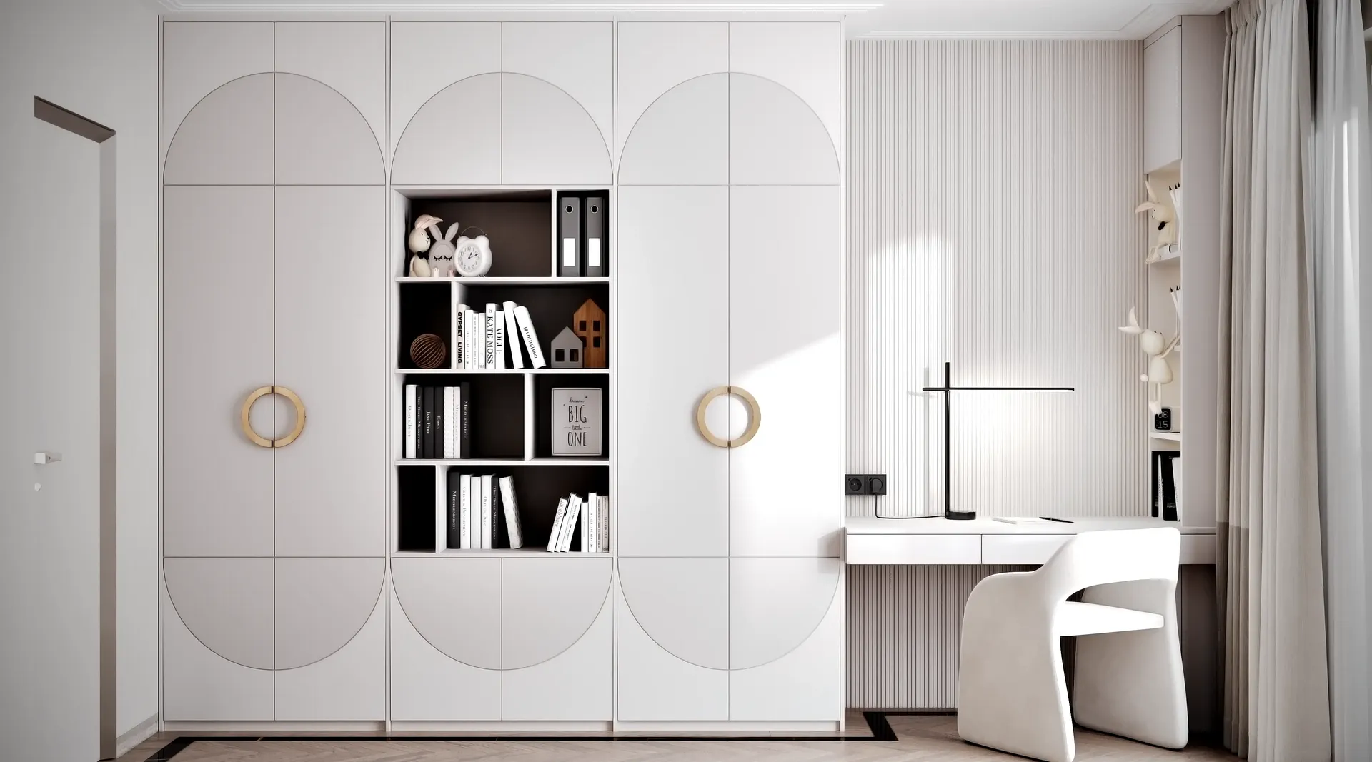 Blick in das Jugendzimmer mit Einbauschrank und angrenzendem minimalistischen Schreibtischbereich.