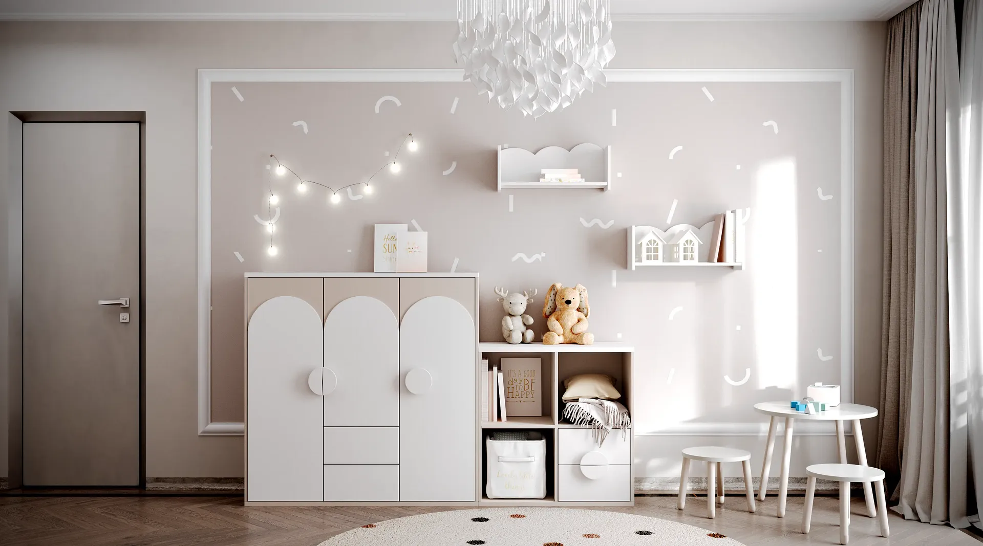Vue de la chambre d'enfant, montrant une petite table d'activités, une commode de rangement et un espace de jeu.