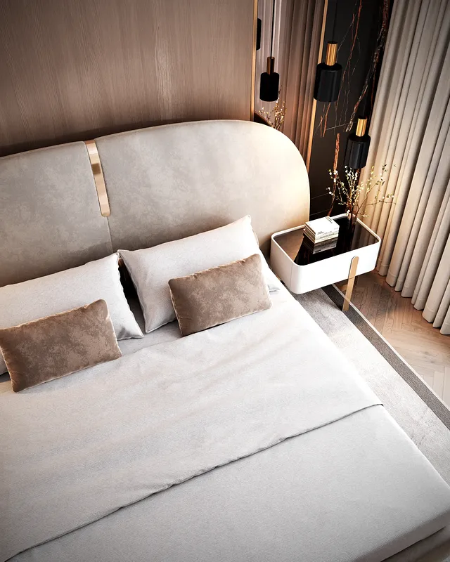 Détail de haut en bas de la tête de lit rembourrée et de la table de nuit minimaliste du lit principal.