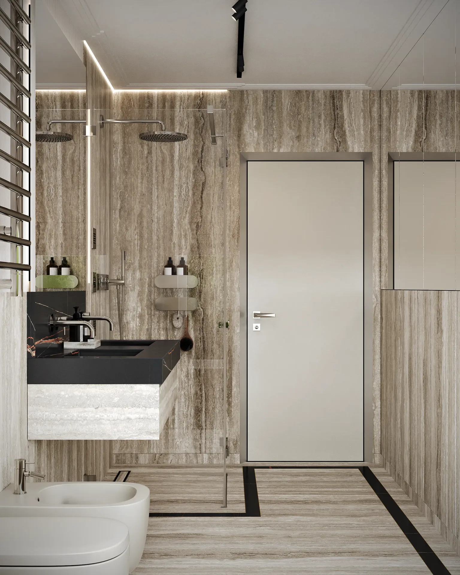 Vue depuis la porte d'une salle de bains moderne pour invités, montrant la douche à l'italienne et le lavabo.