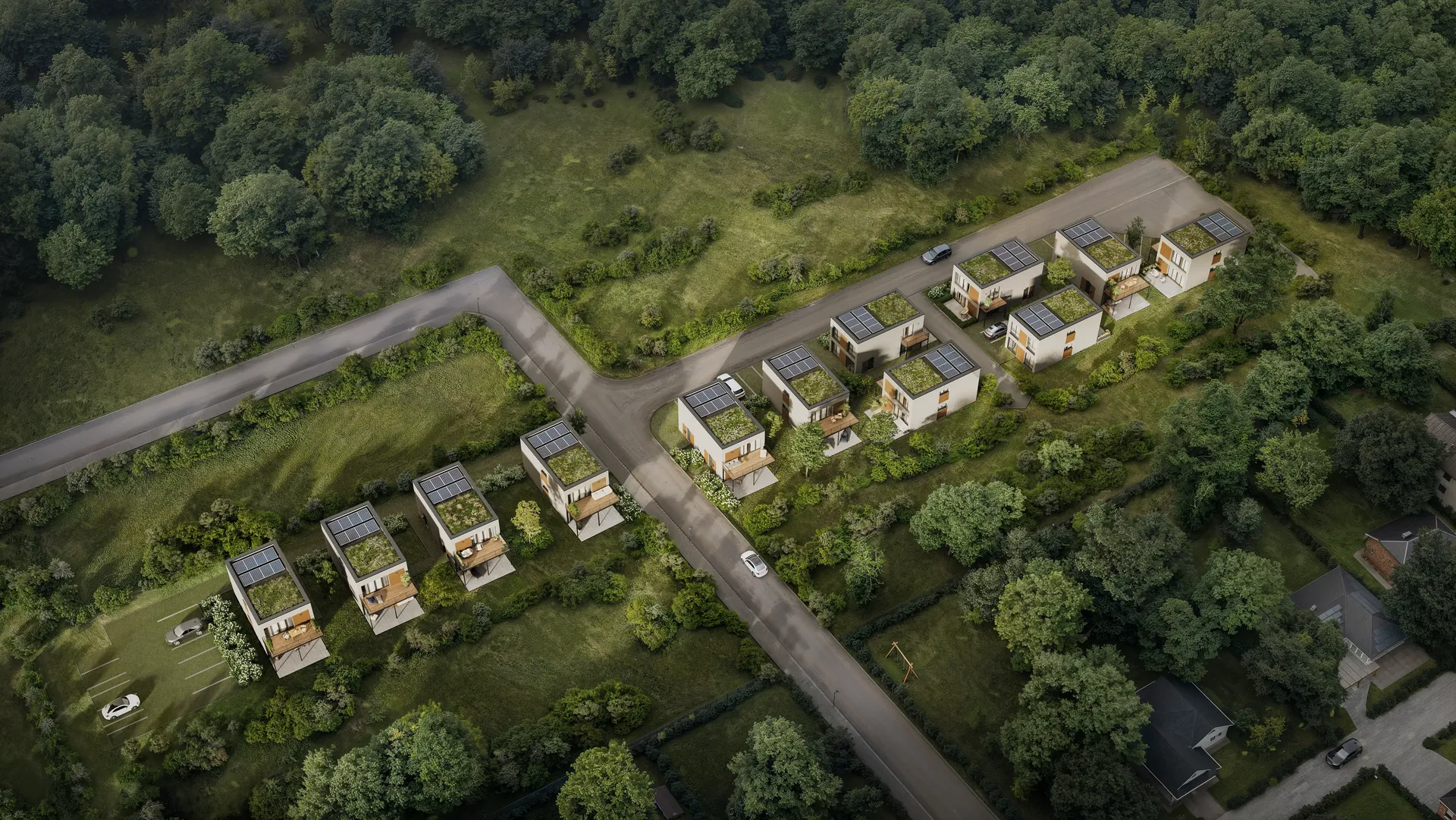 Luftaufnahme einer modernen Wohnanlage aus der Vogelperspektive.