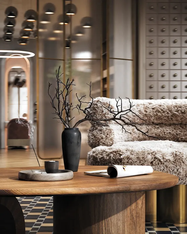 Gros plan d'une table d'appoint élégante et d'un vase décoratif dans le salon d'attente moderne.