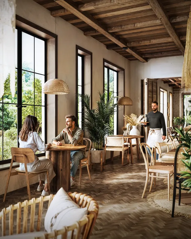 Scène de restaurant animée près de la fenêtre, avec un couple assis à une table et un serveur qui s'occupe d'eux.