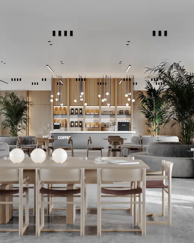 Intérieur de café moderne doté de tables à manger modulables et d'un bar de service principal.