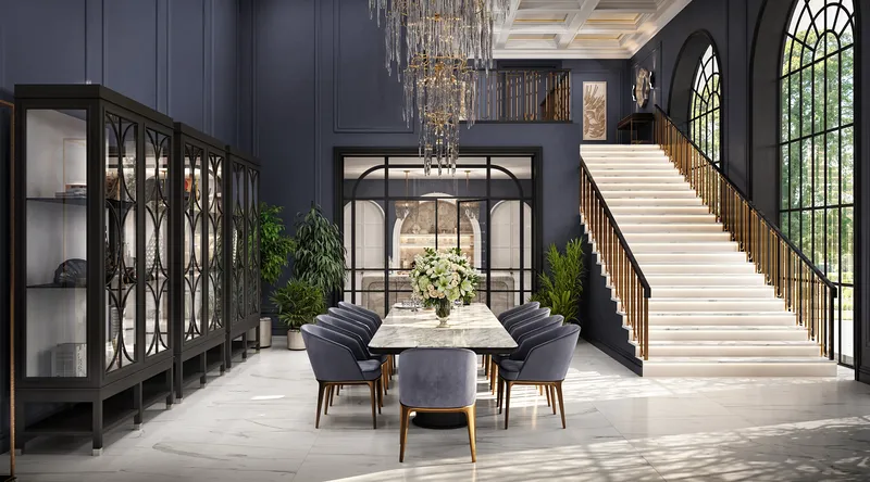 Élégante salle à manger avec vitrines, entrée cuisine et vue sur le grand escalier.