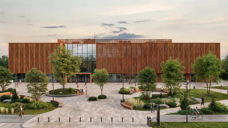 Vue de face d'un centre communautaire avec espaces de détente extérieurs.