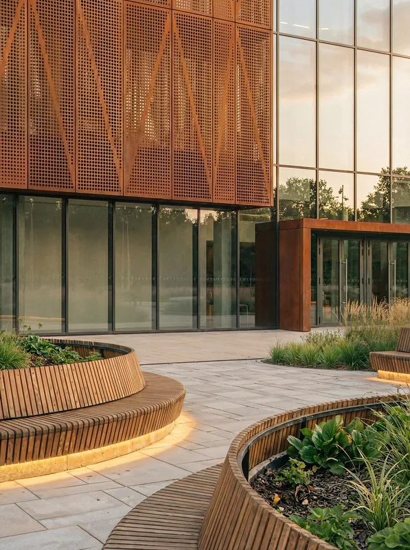 Bancs circulaires situés près de l'entrée du centre communautaire.