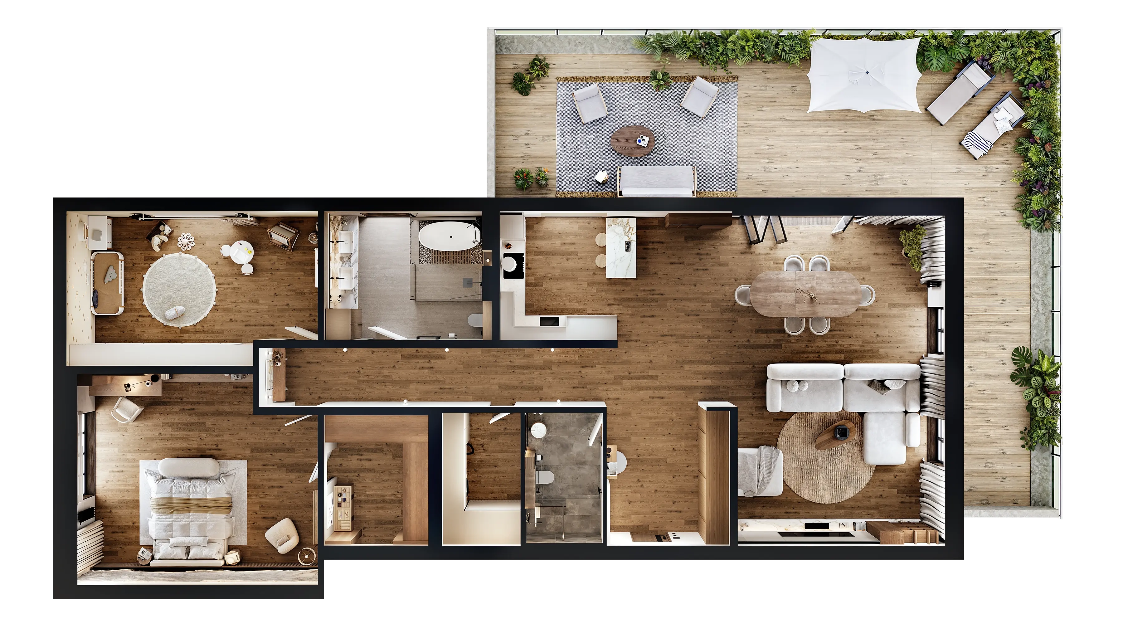 Grundriss des modernen Japandi-Apartments von oben nach unten, der alle Räume zeigt.