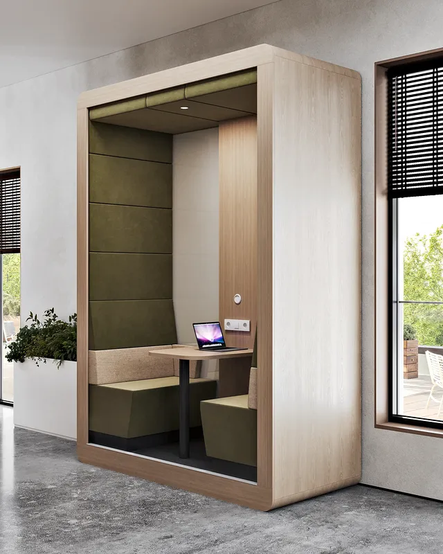 Capsule de réunion privée pour deux personnes recouverte d'un tissu acoustique vert vif.