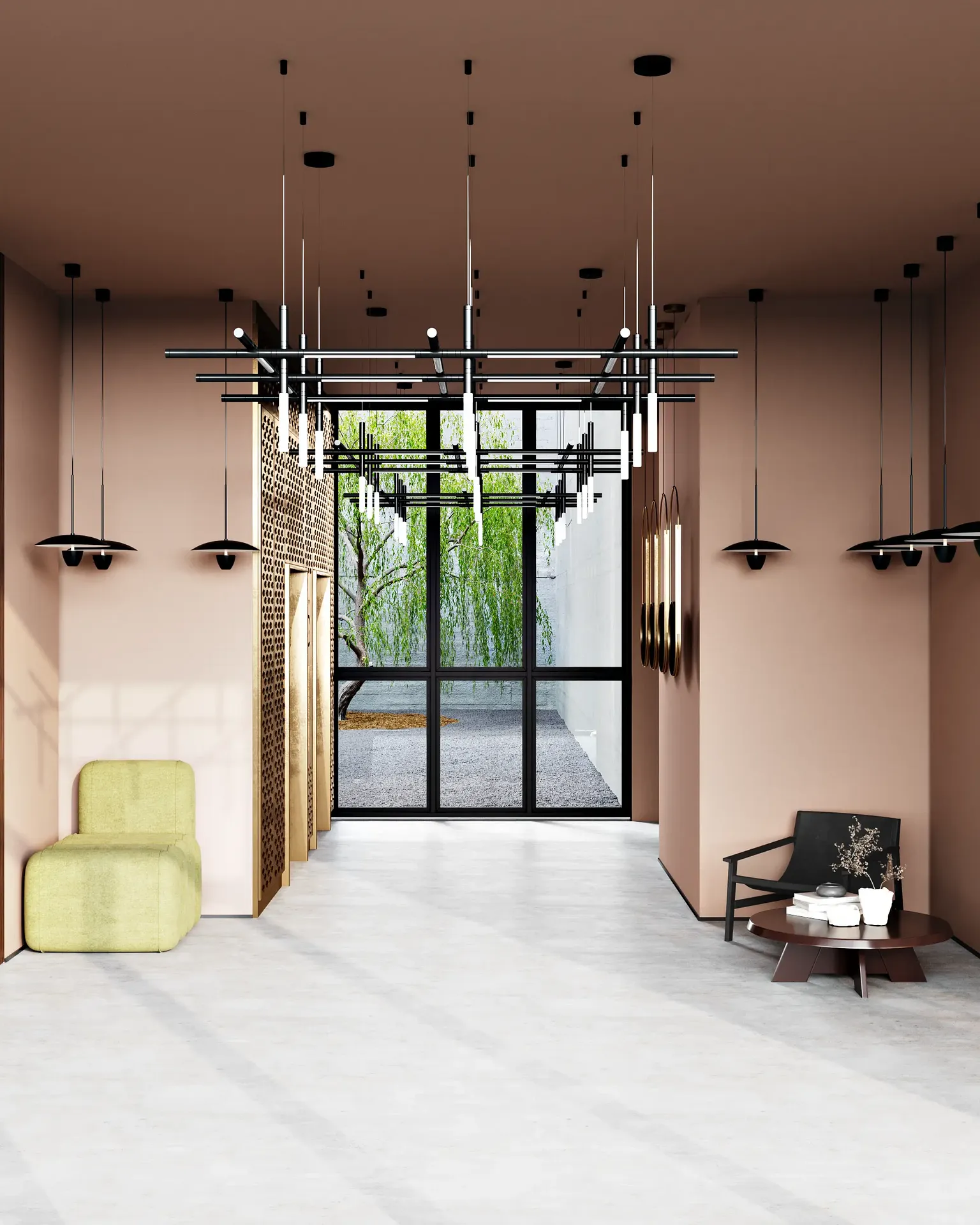 Entrée du bâtiment donnant sur la cour paysagée