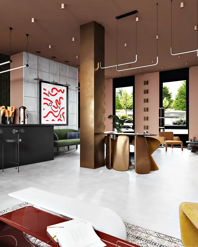 Perspektivischer Blick auf Café und Lounge vom Fenstersofa aus