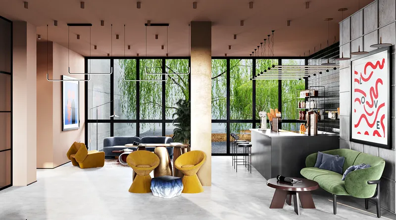 Weitwinkelaufnahme des offenen Wartebereichs, der Lounge und des Cafés