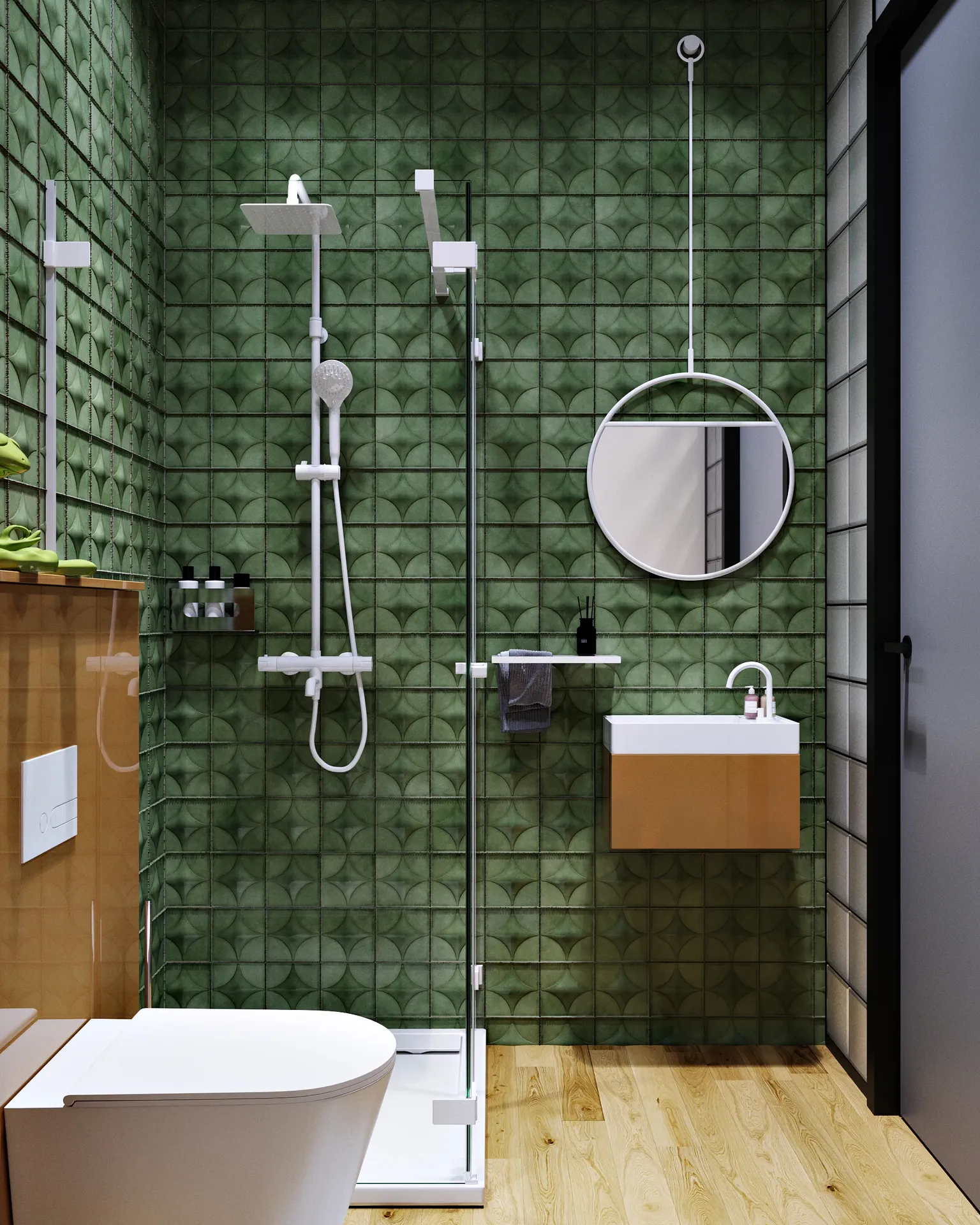 Vanité de salle de bain avec miroir, douche et détail des toilettes