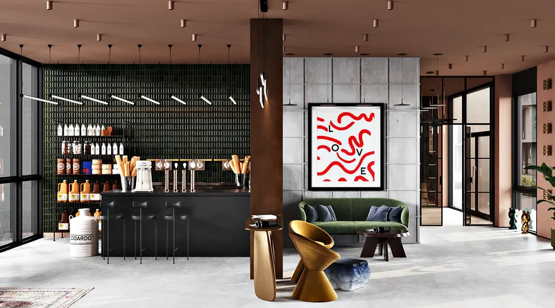 Überblick über die moderne Wartezone und das Café-Interieur