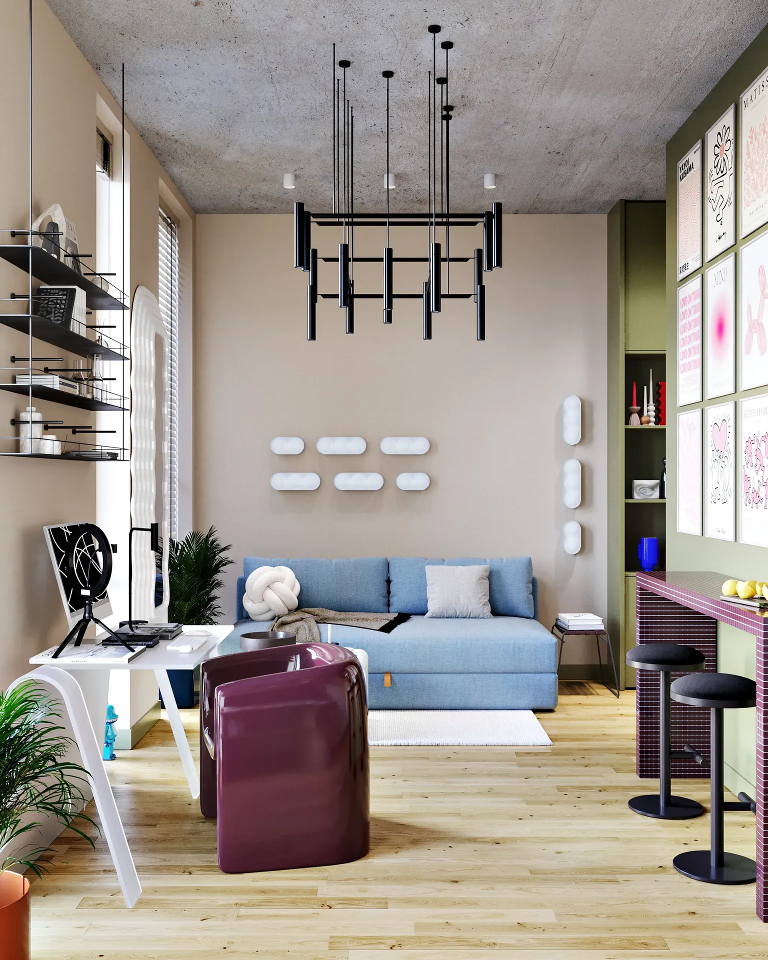 Salle à aire ouverte avec espace de travail, canapé et bar à petit-déjeuner