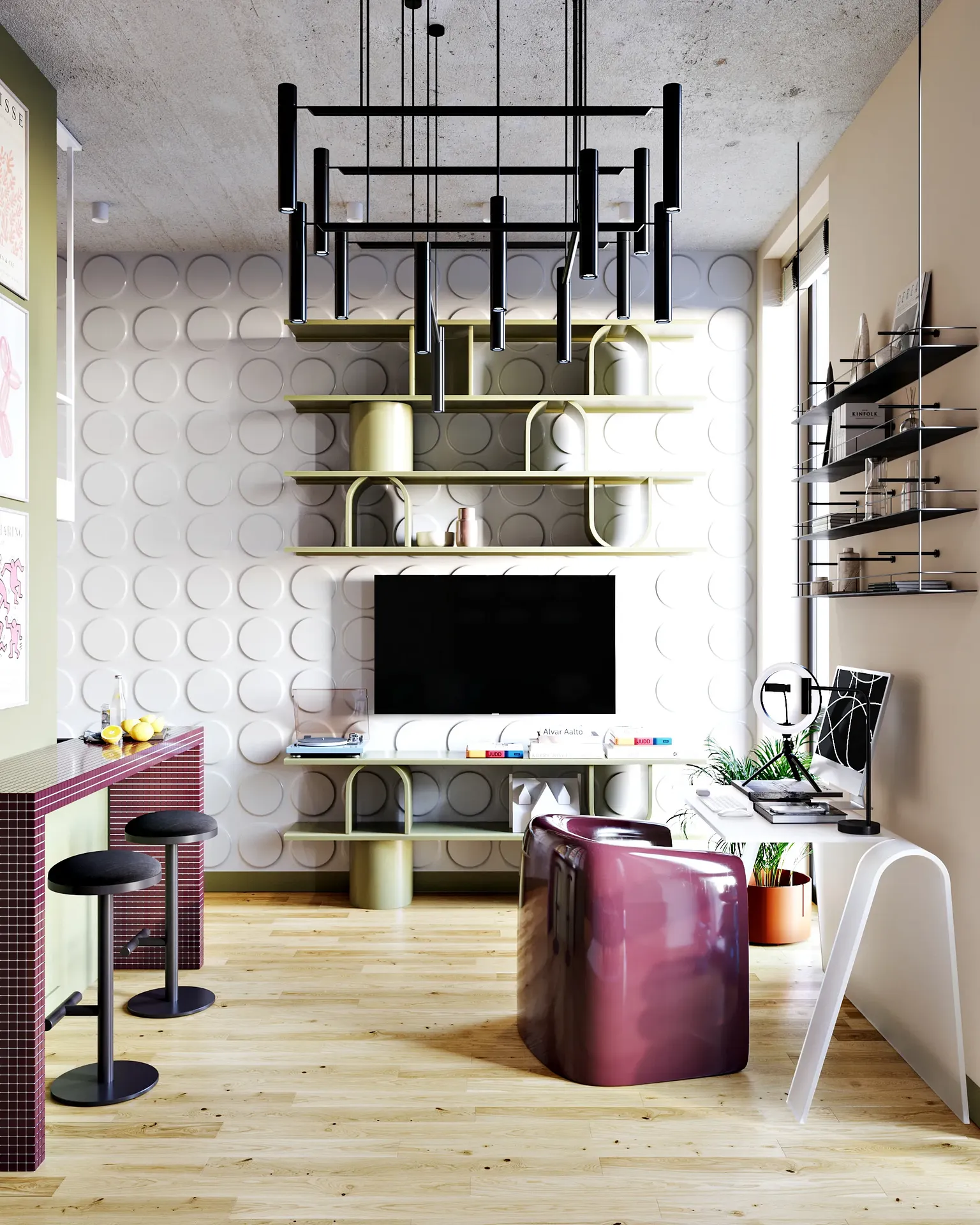 Espace de vie moderne avec mur TV, bureau à domicile et bar