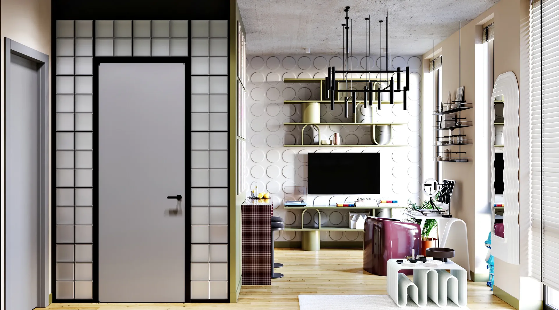 Entrée de la salle de bain à côté de la zone TV, du bureau et du comptoir du bar