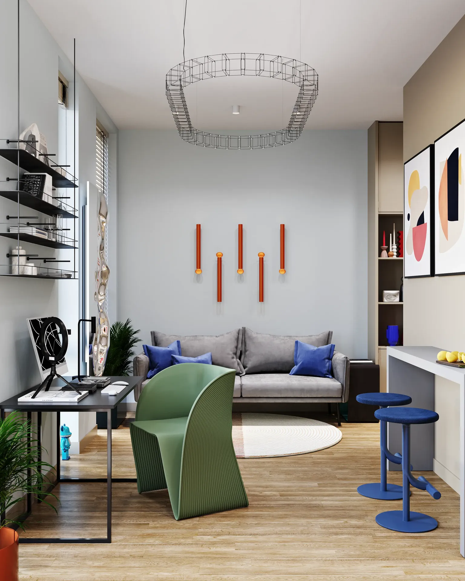 Salle à aire ouverte avec espace de travail, canapé et bar à petit-déjeuner