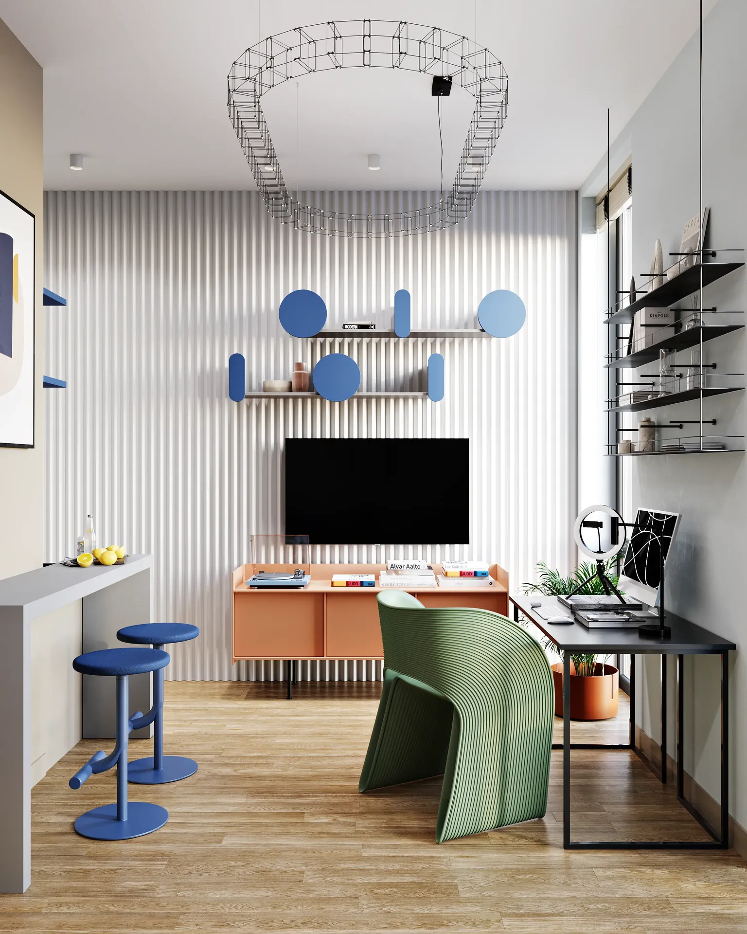 Espace de vie moderne avec mur TV, bureau à domicile et bar