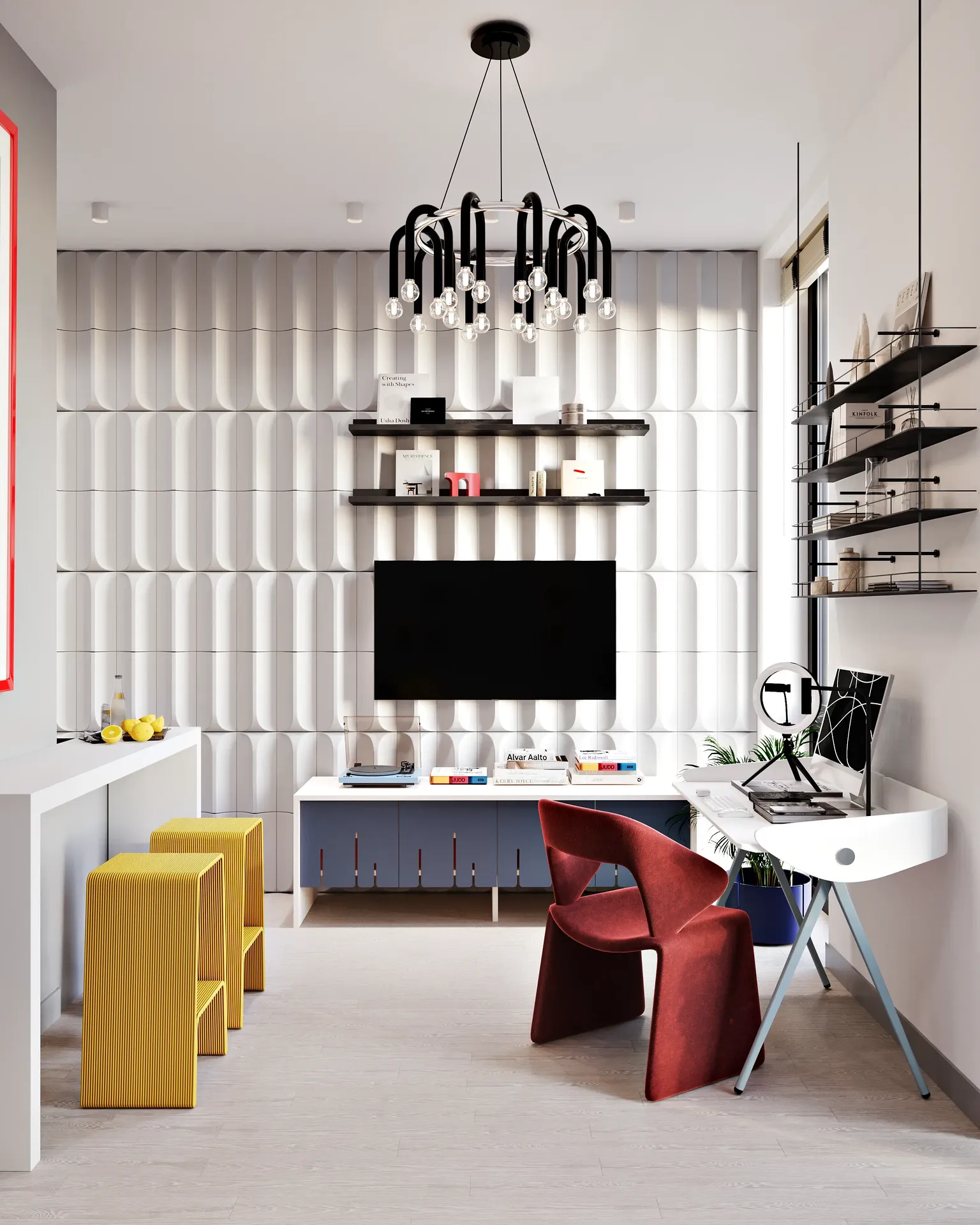 Espace de vie moderne avec mur TV, bureau à domicile et bar