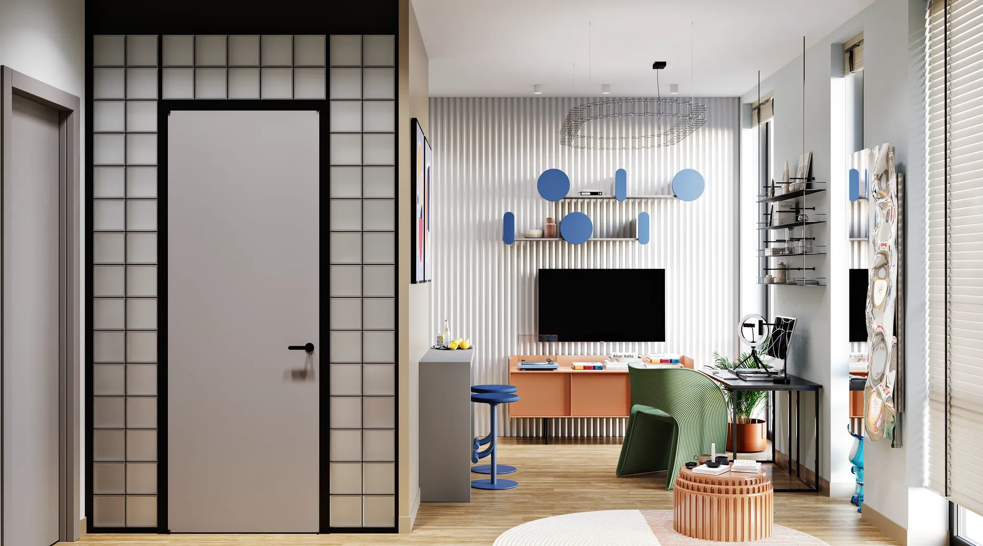 Entrée de la salle de bain à côté de la zone TV, du bureau et du comptoir du bar