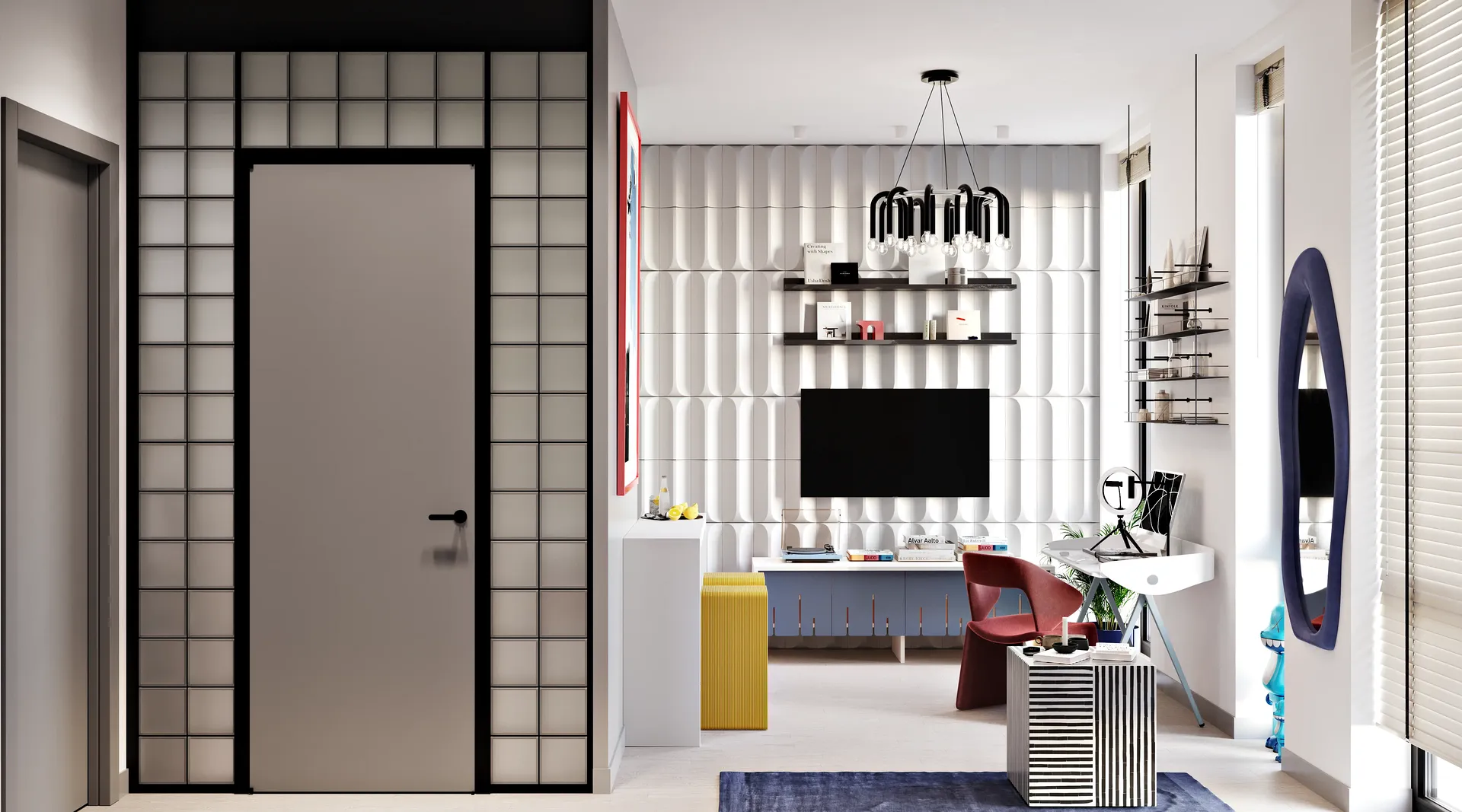 Entrée de la salle de bain à côté de la zone TV, du bureau et du comptoir du bar