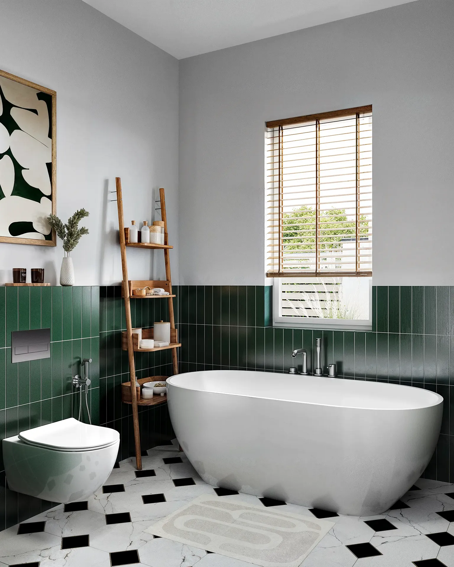 Schrägansicht einer Badewanne, einer Toilettenanlage und eines Lagerregals.