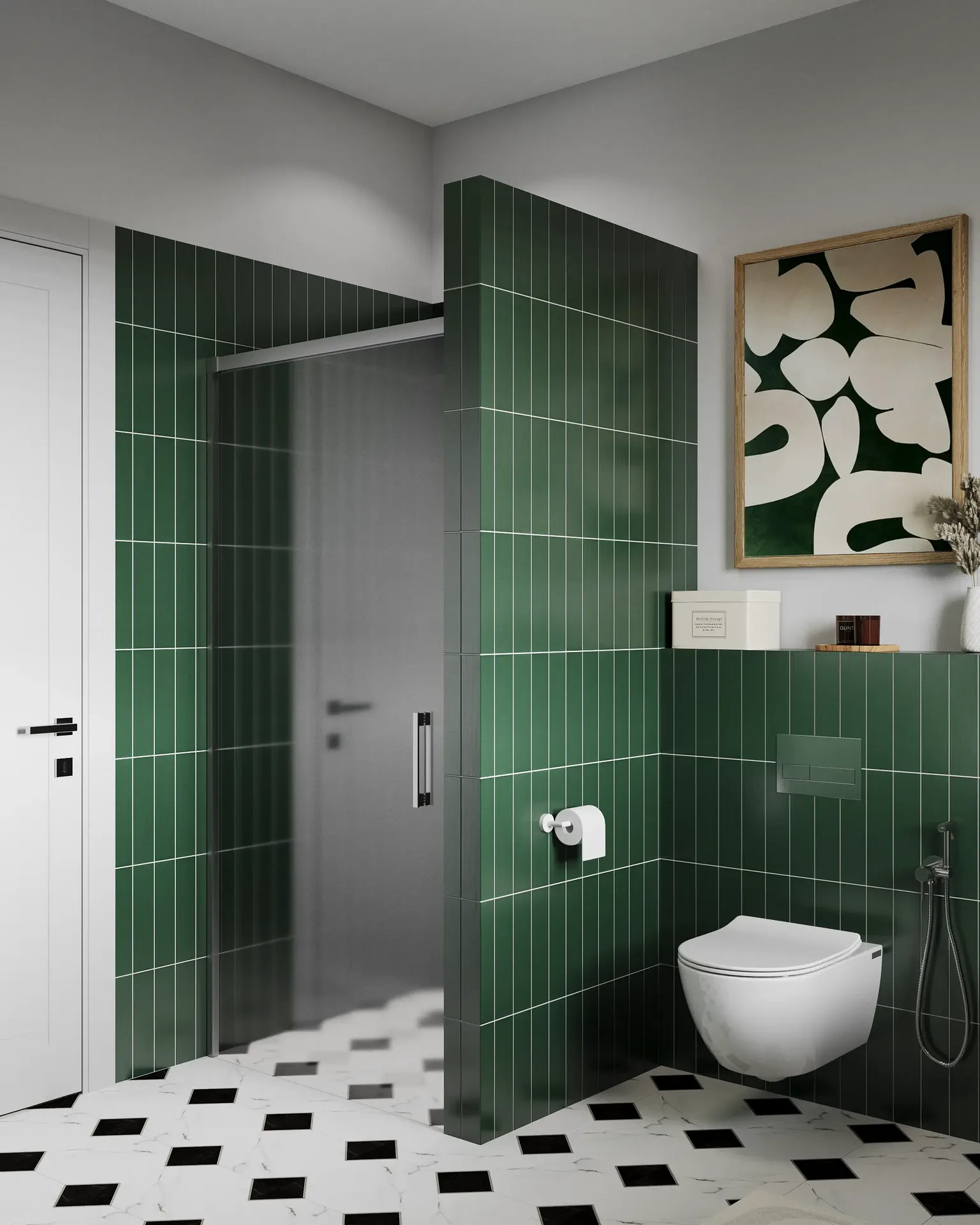 Blick auf eine Toilettenanlage und Duschkabine.