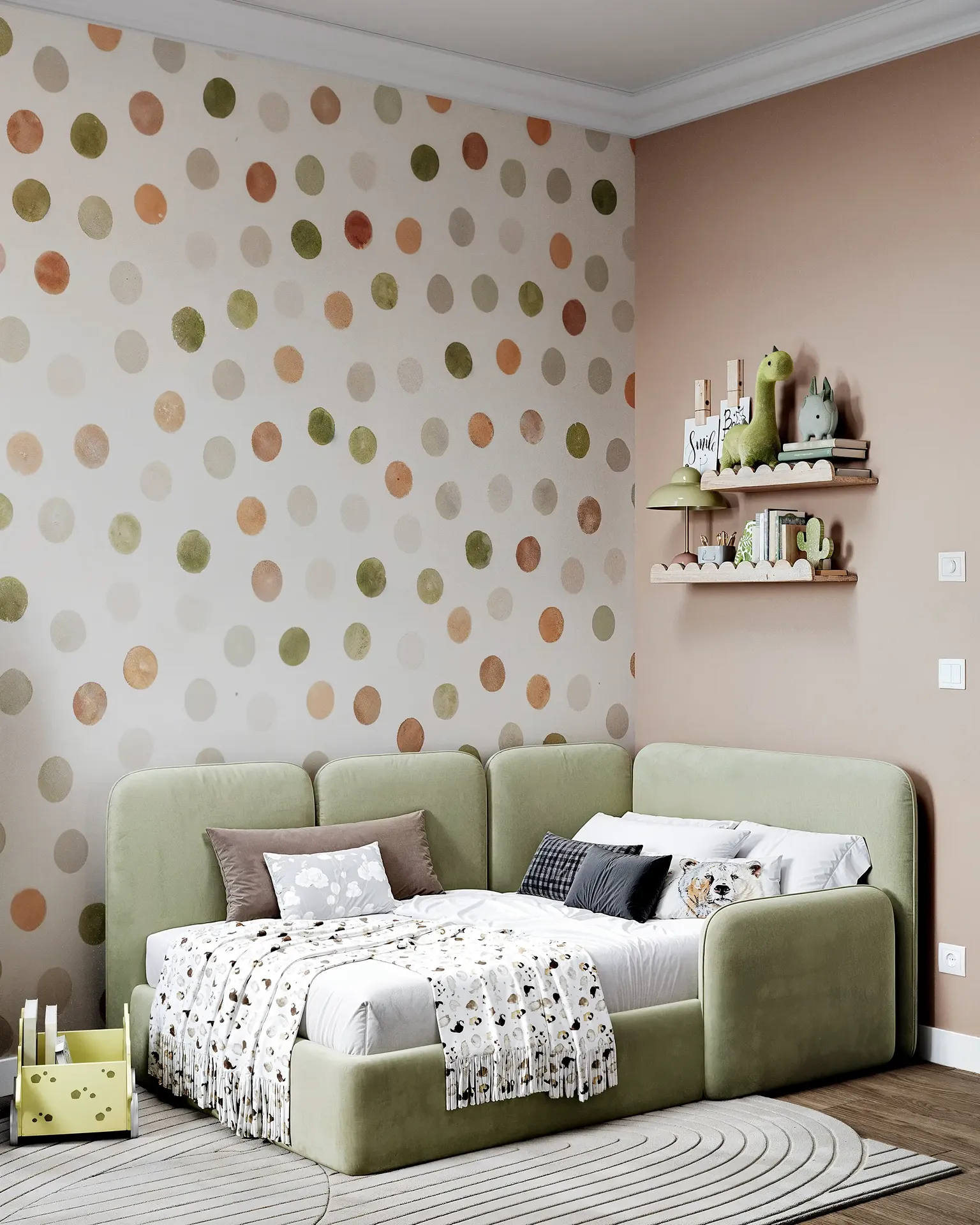 Coin nuit avec un lit et des étagères.