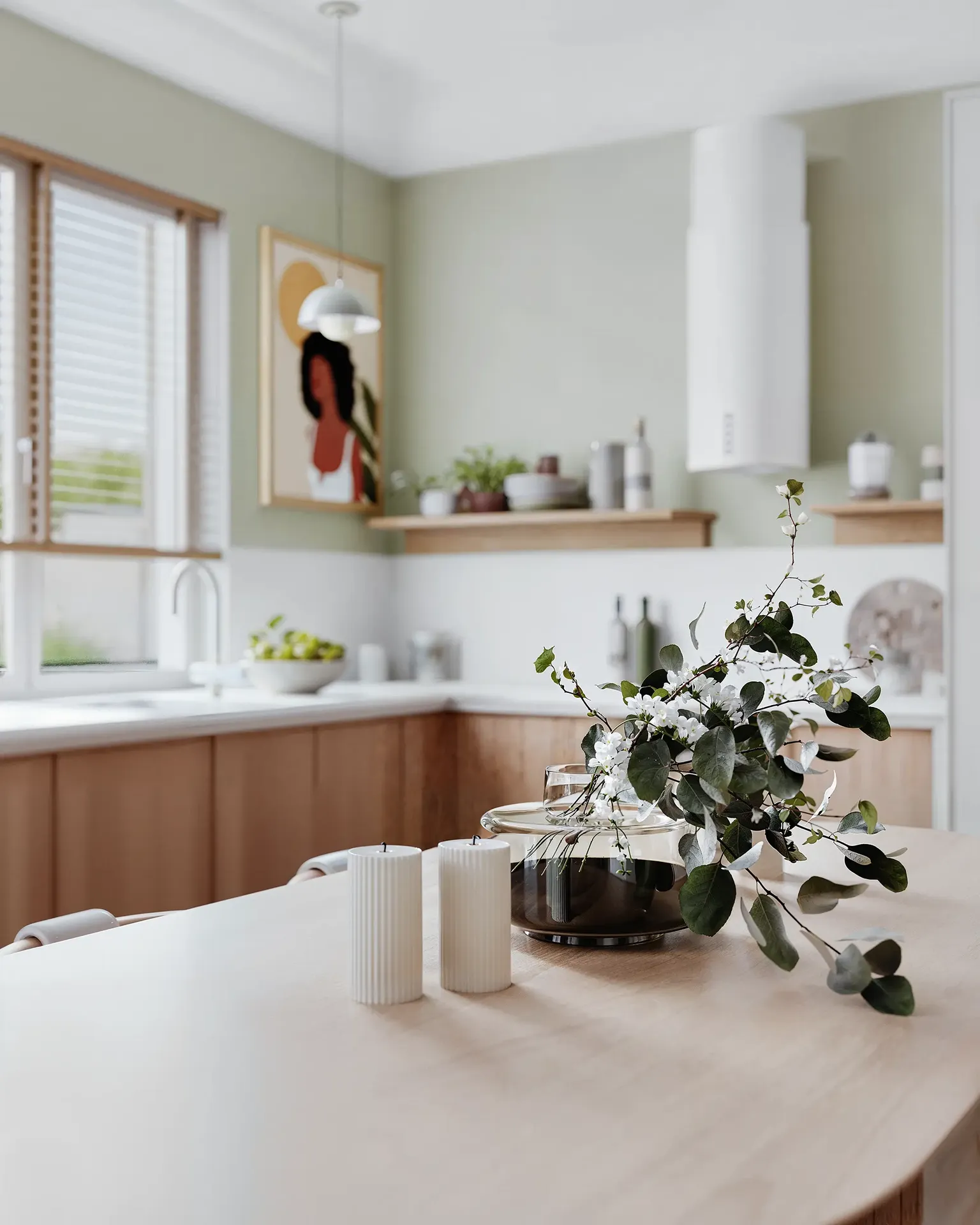 Gros plan sur la décoration de la table à manger avec un aperçu des armoires de cuisine.