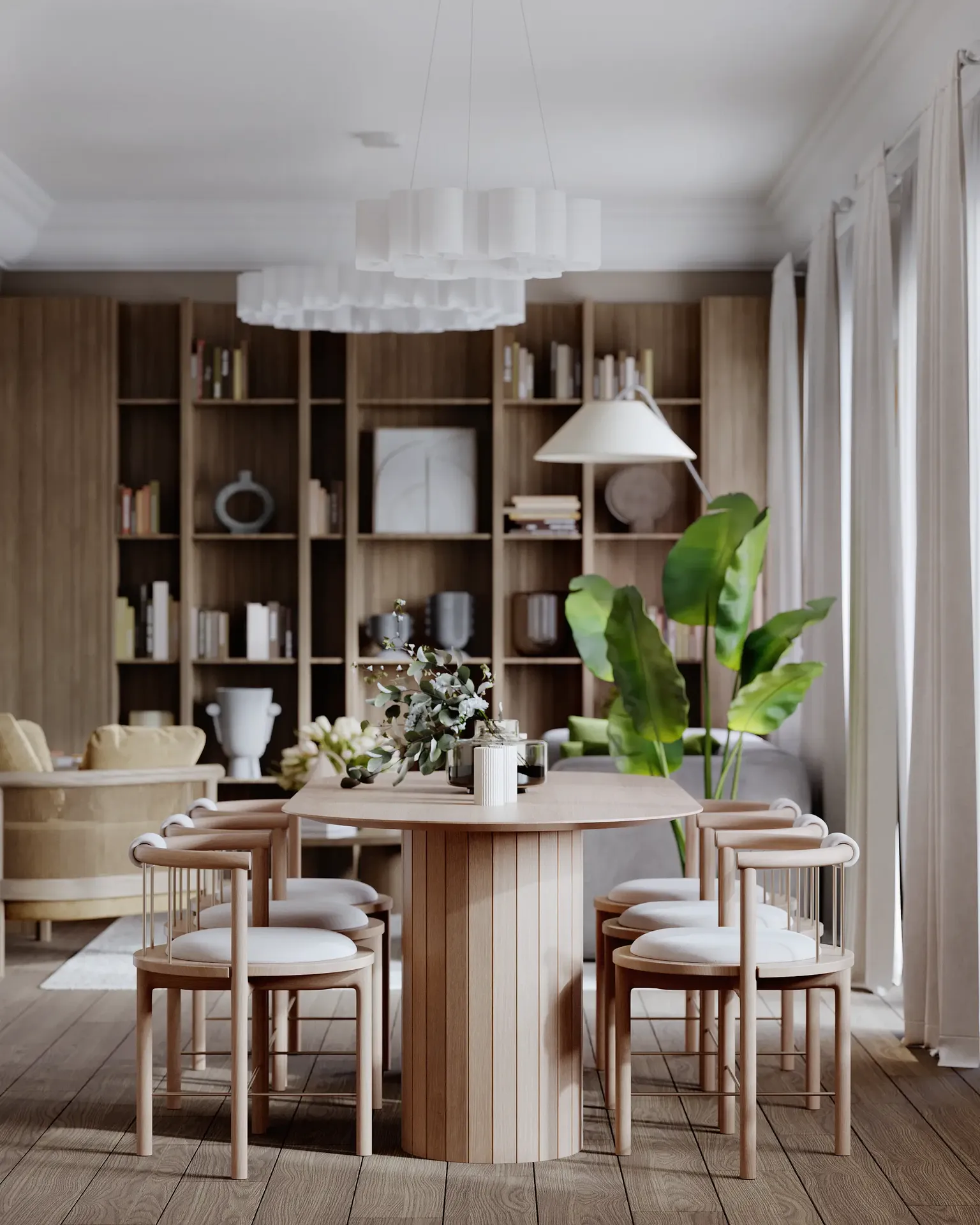 Blick auf das Wohnzimmer vom Esstisch aus mit Stauraum und Regalen.