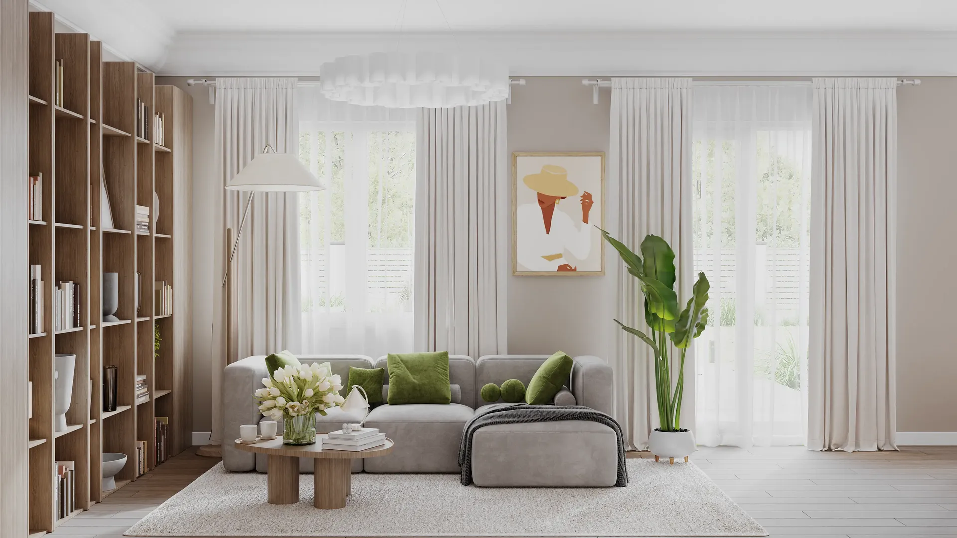 Vue de face d'un salon avec canapé, décoration, plantes et grandes fenêtres.