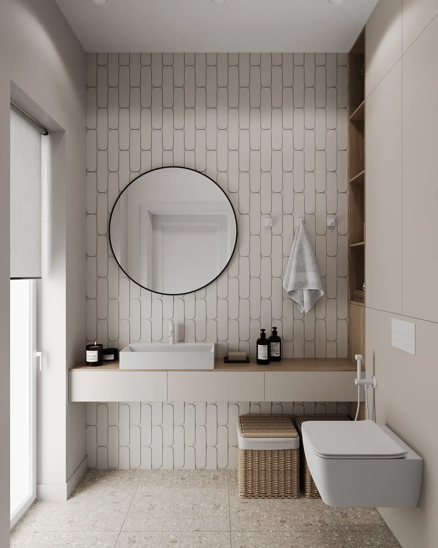 Blick auf das Gästebad mit Waschbecken, Waschtisch und Toilettenanlage.