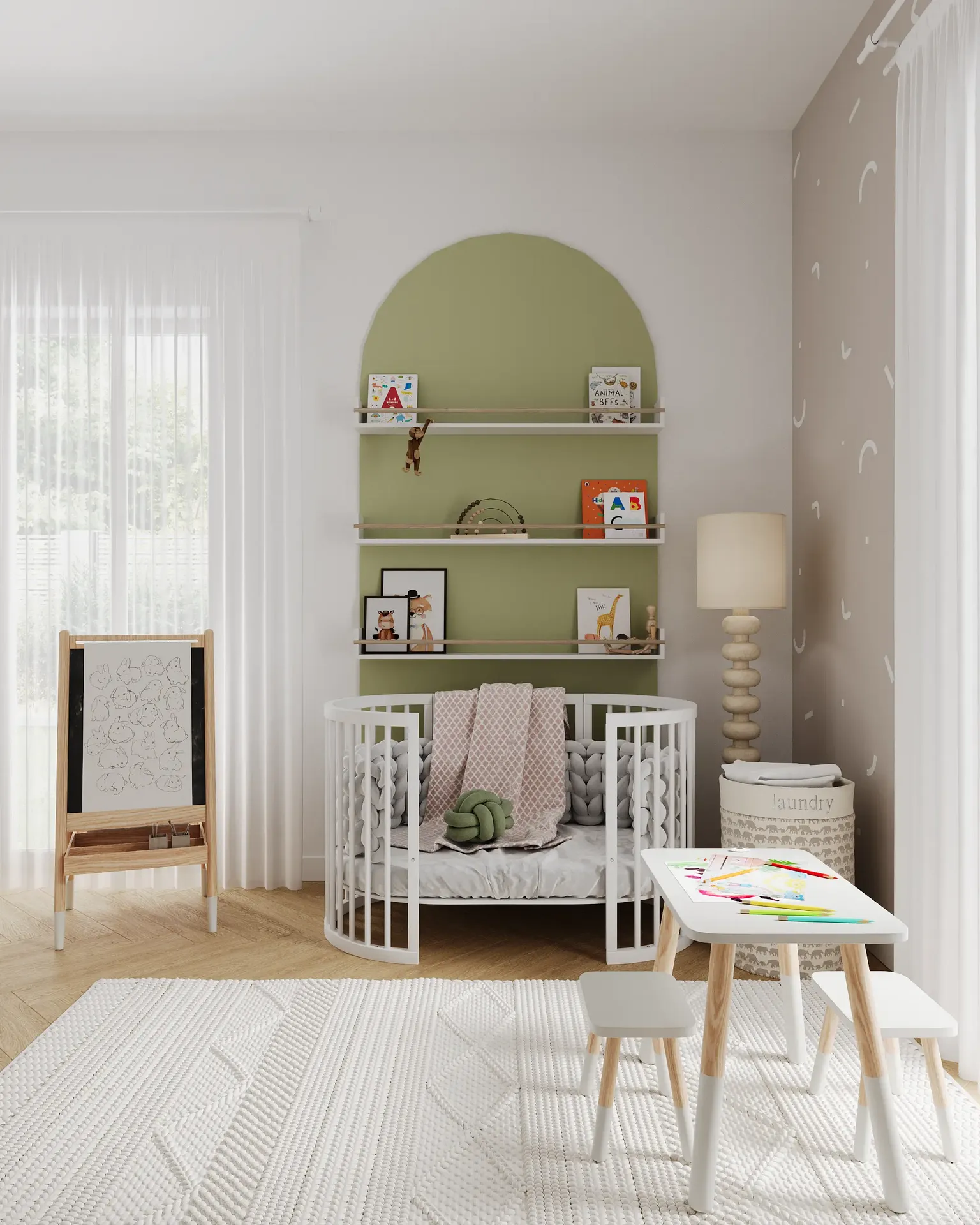 Vorderansicht eines Kinderbetts, Zeichentischs, Staffelei, Regalen und Lampe.