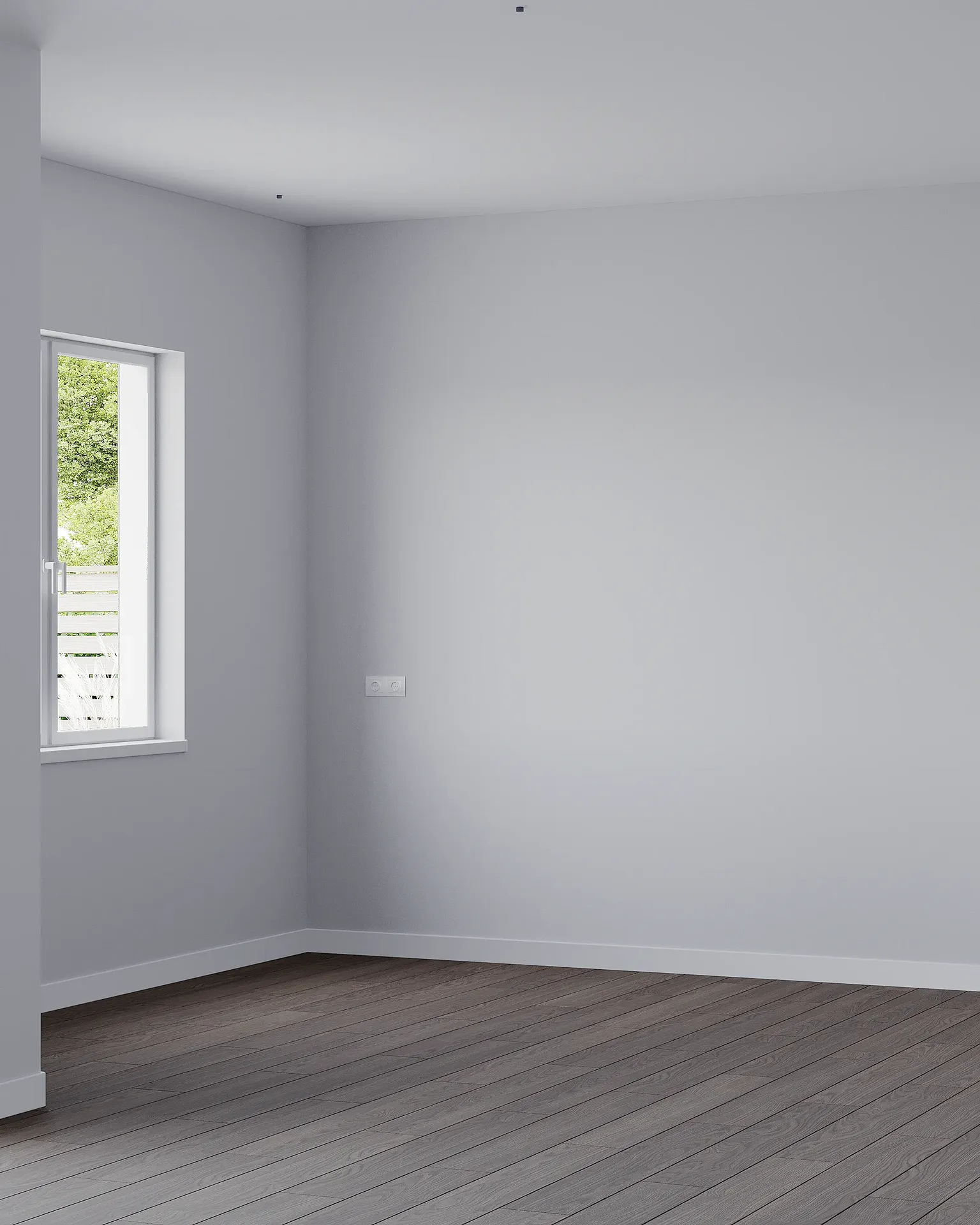 Detailansicht der Küchenausstattung mit gestrichenen Wänden, Parkett und Fußleisten.