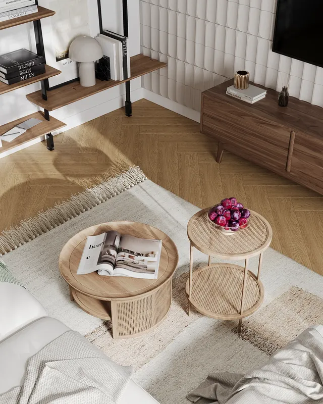 Draufsicht auf moderne Couchtische im Wohnzimmer.